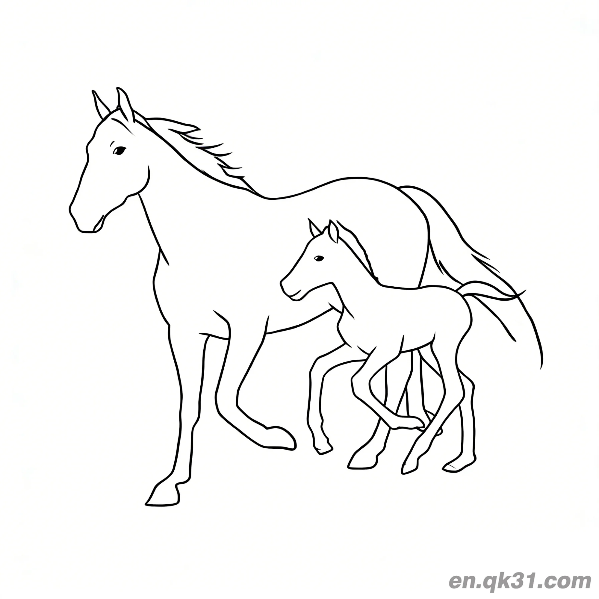 免费 母马和小马驹一起行走涂色页 简笔画涂色页