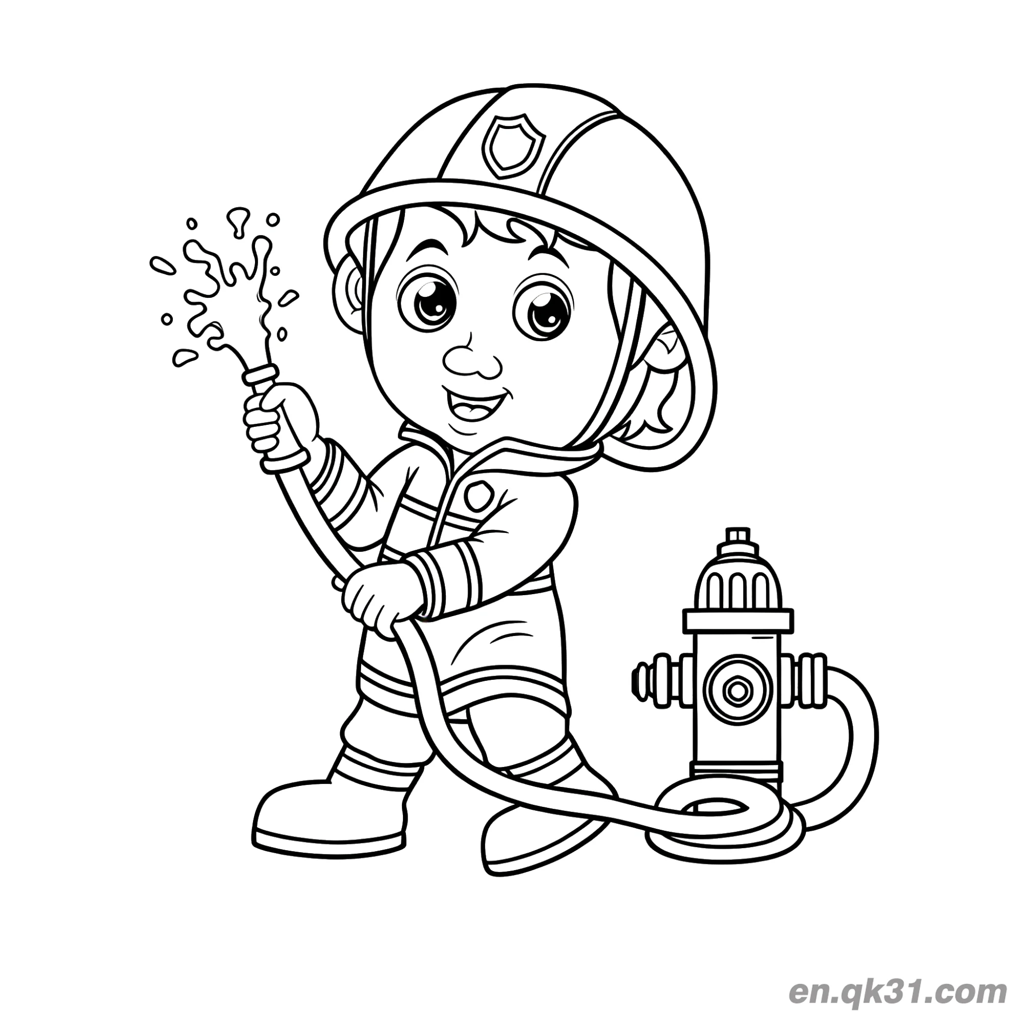 免费 消防员与消防栓互动涂色图 简笔画涂色页