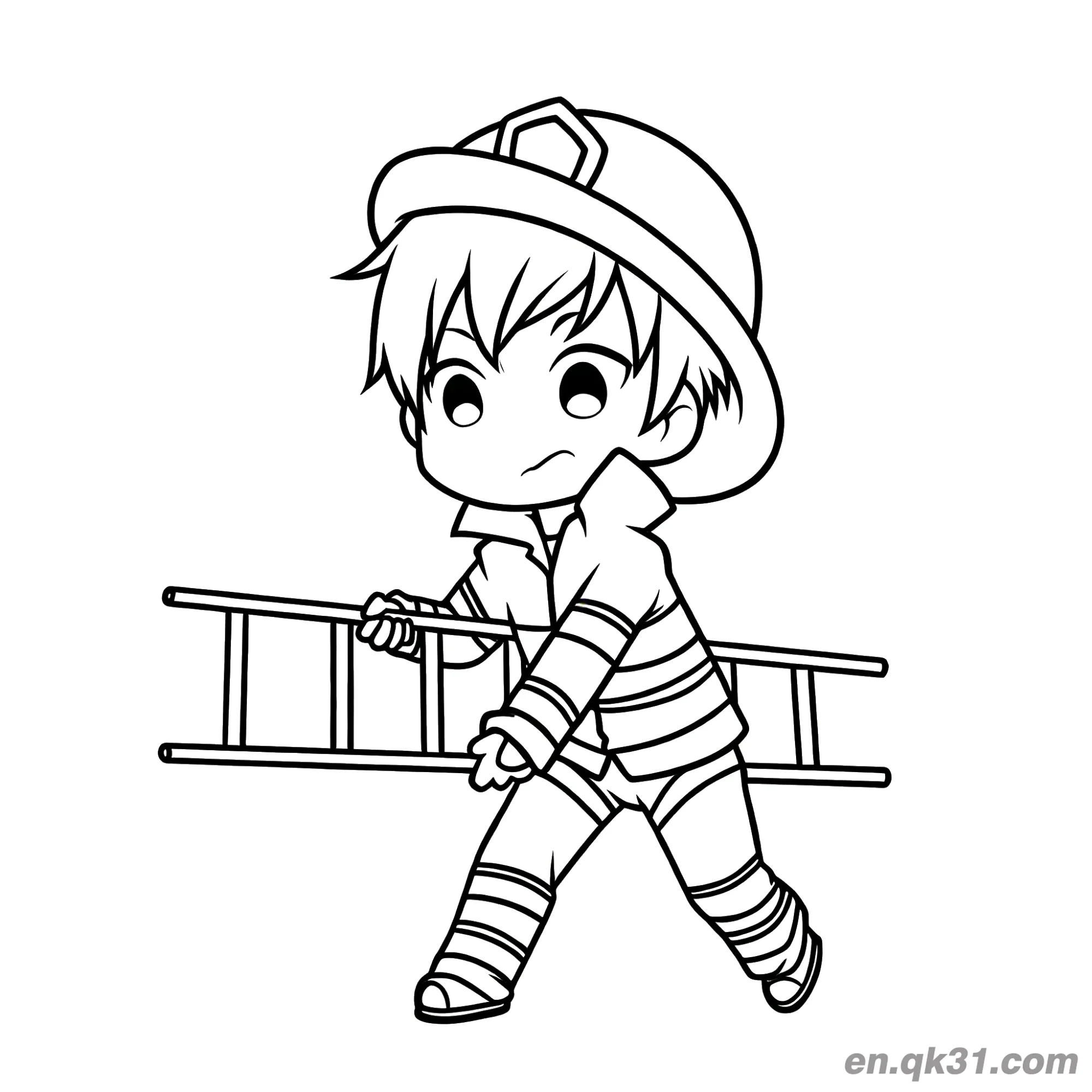 免费 年轻消防员搬梯子涂色图 简笔画涂色页