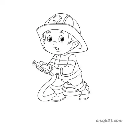 年轻消防员喷水涂色图 – 免费可打印简笔画涂色画
