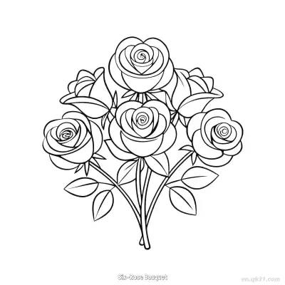 六朵玫瑰花束 简笔画 素描 涂鸦 - 免费可打印 玫瑰花简笔画 下载PDF – 免费可打印简笔画涂色画