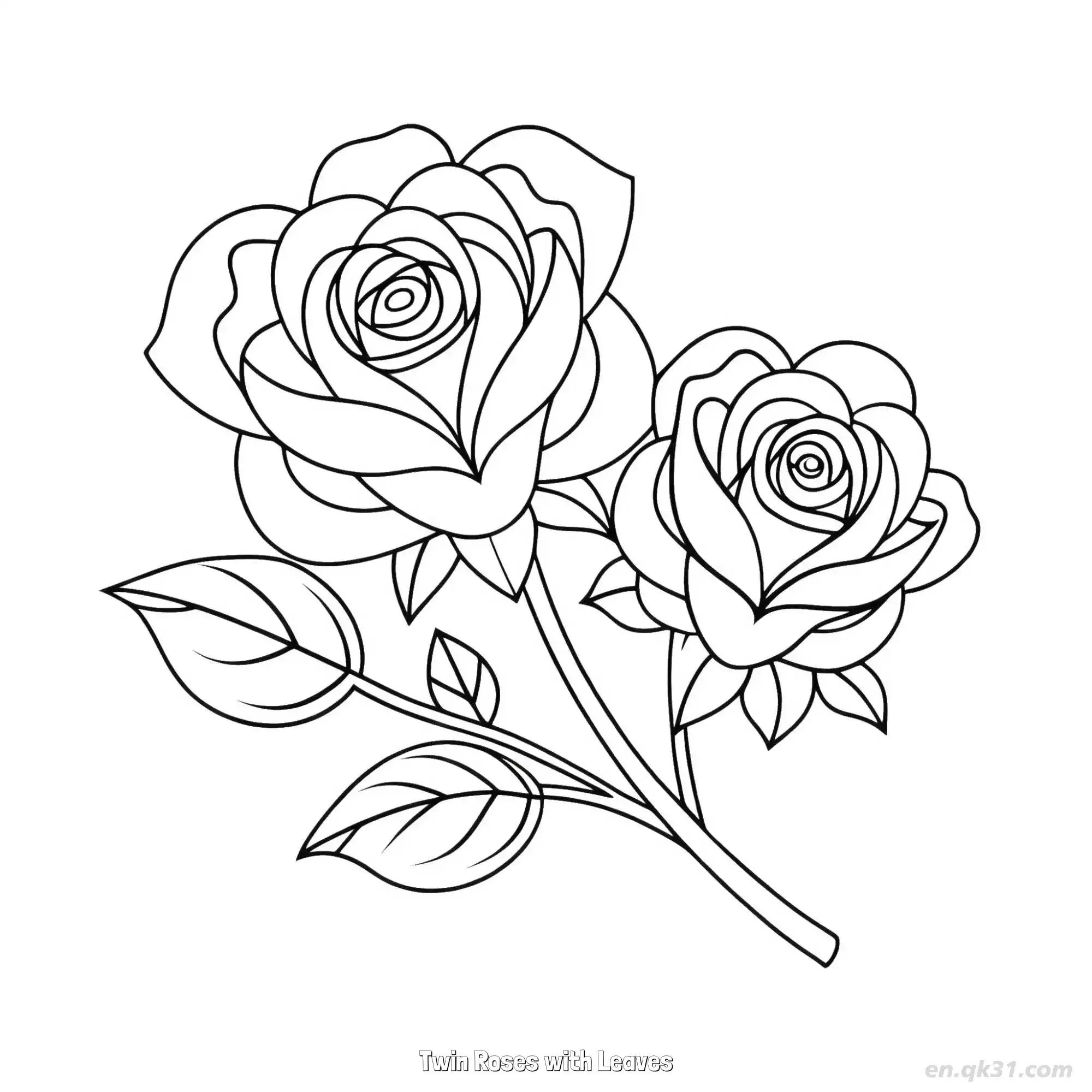 免费 带叶的双生玫瑰 简笔画 素描 涂鸦 - 免费可打印 玫瑰花简笔画 下载PDF 简笔画涂色页