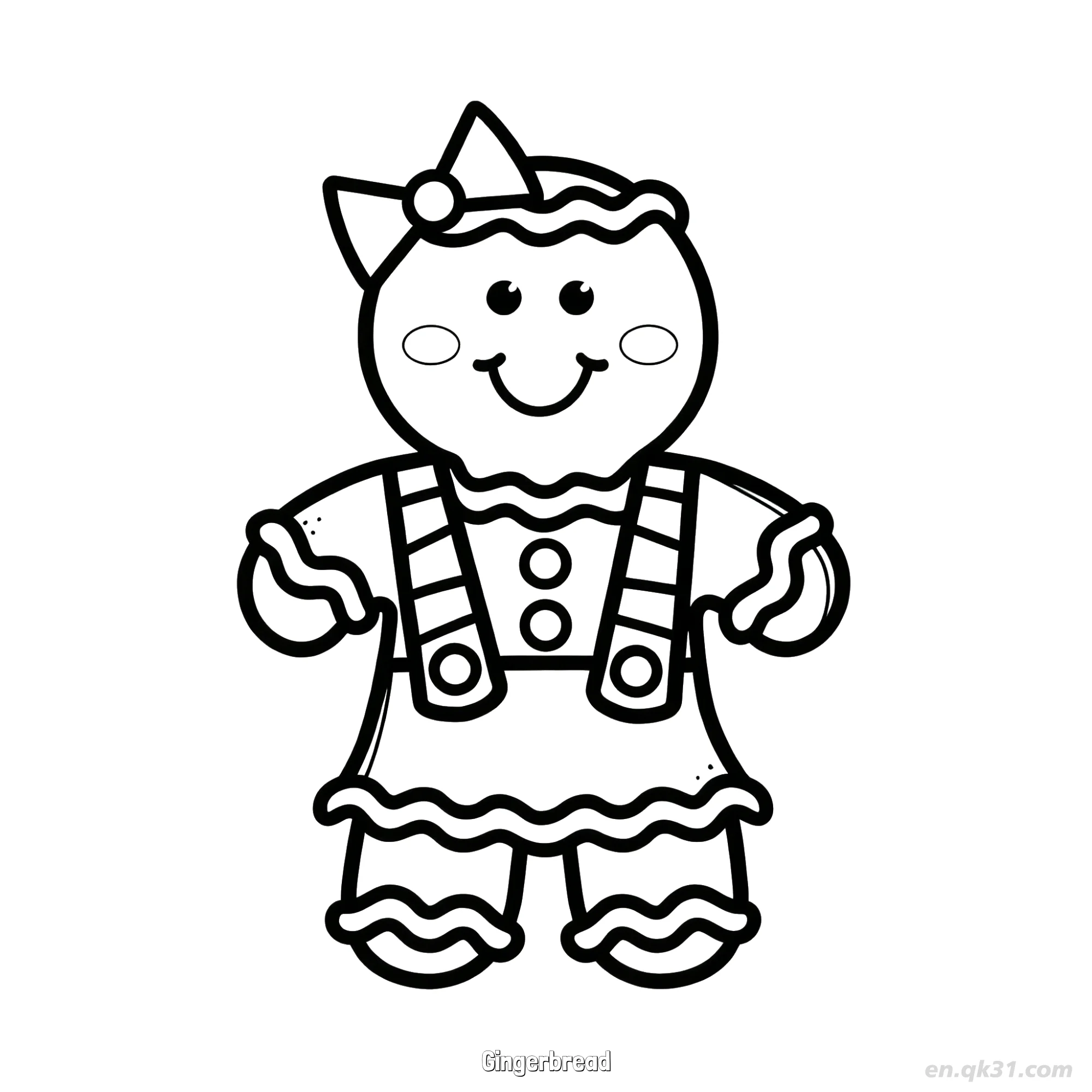 免费 蝴蝶结背带裤姜饼女孩 简笔画涂色页