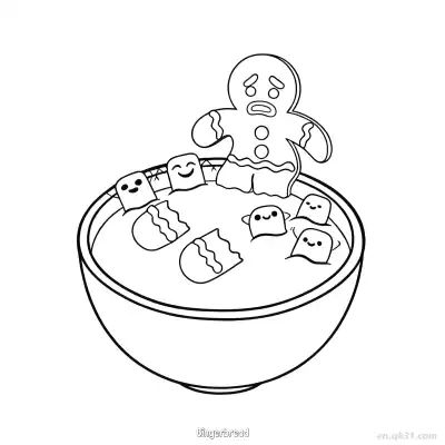 热巧克力棉花糖姜饼人涂色页 – 免费可打印简笔画涂色画