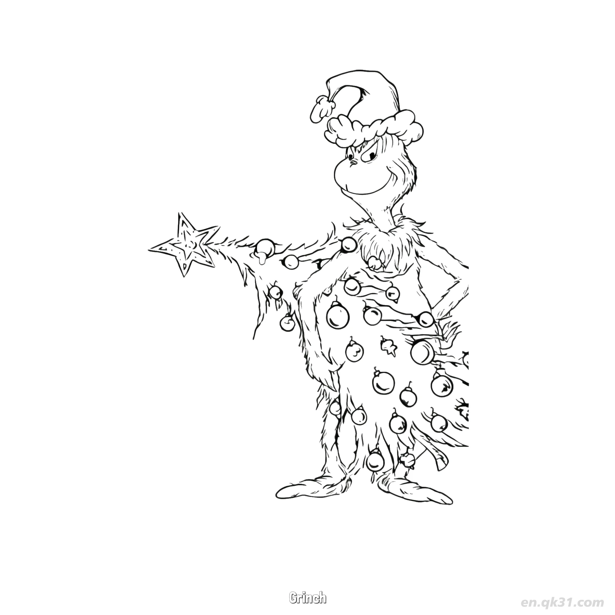 免费 格林奇打扮成圣诞树涂色页 简笔画涂色页