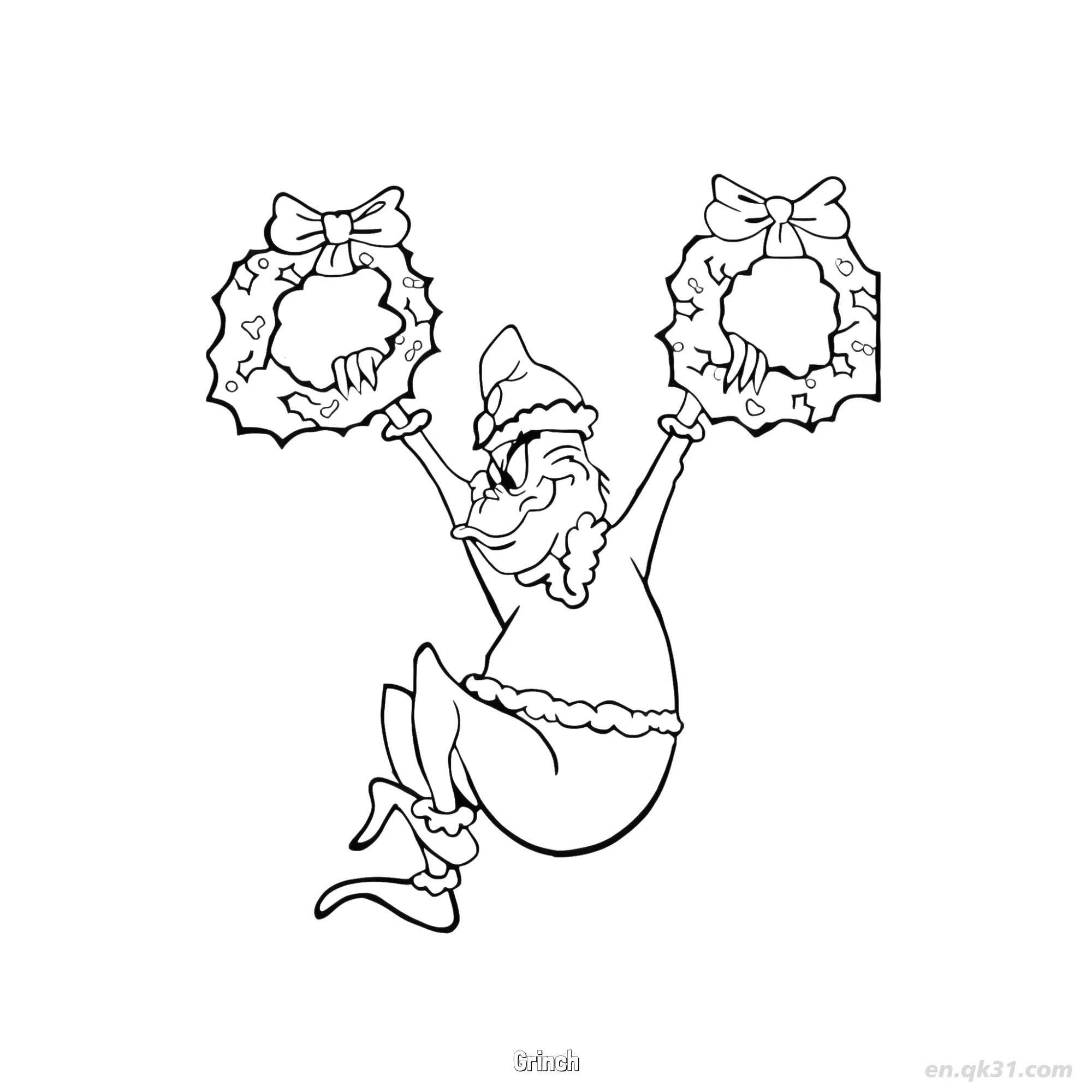 免费 格林奇跳圣诞花环涂色页 简笔画涂色页