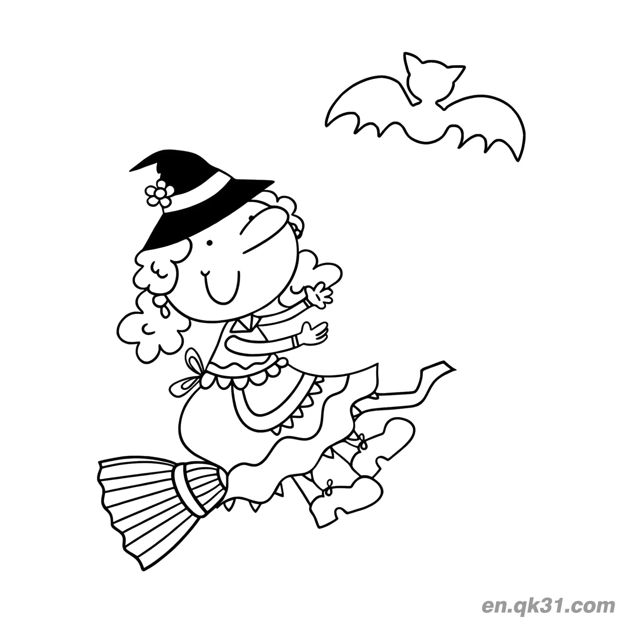 免费 卡通飞行女巫涂色页简笔画 简笔画涂色页
