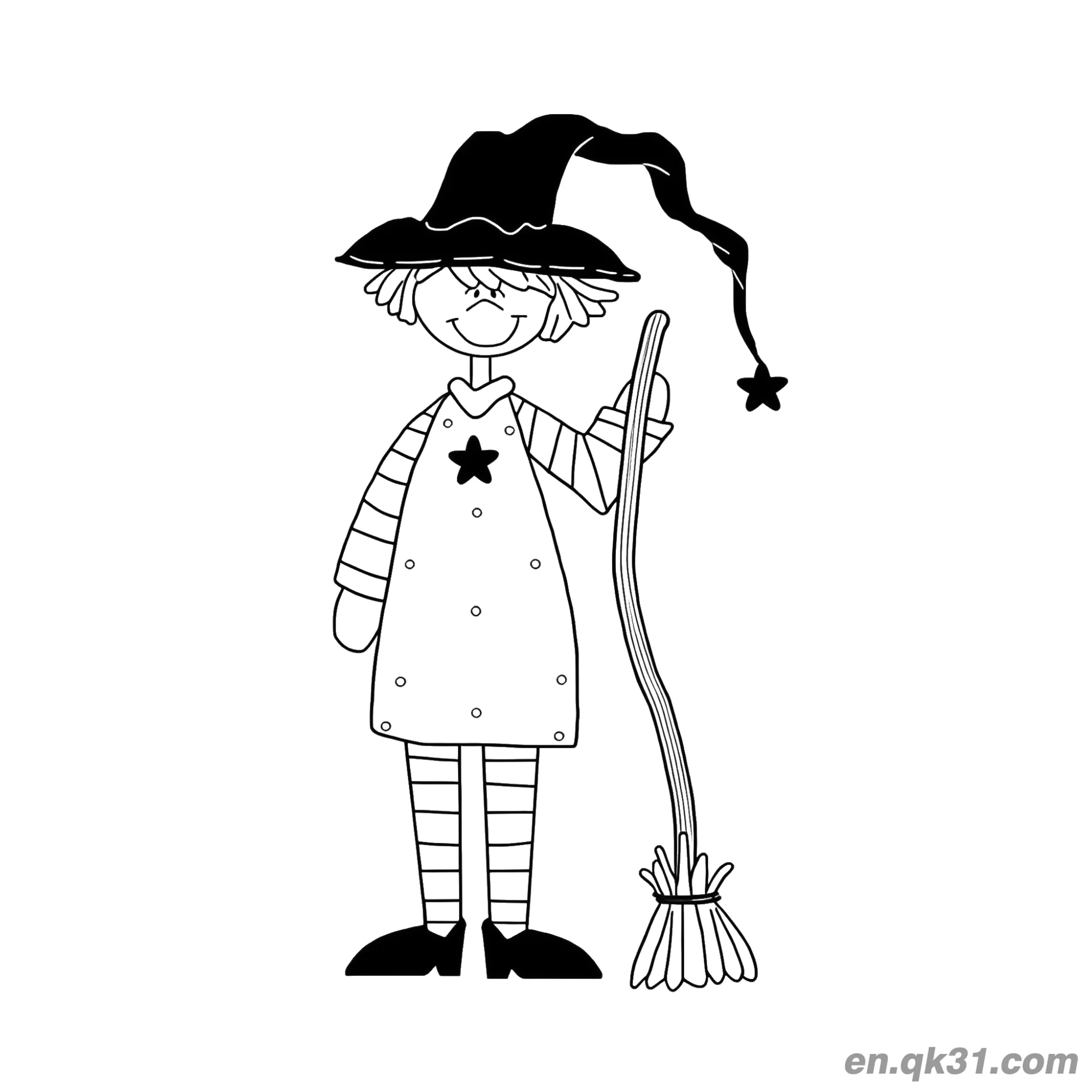 免费 拿扫帚的卡通女巫涂色页简笔画 简笔画涂色页