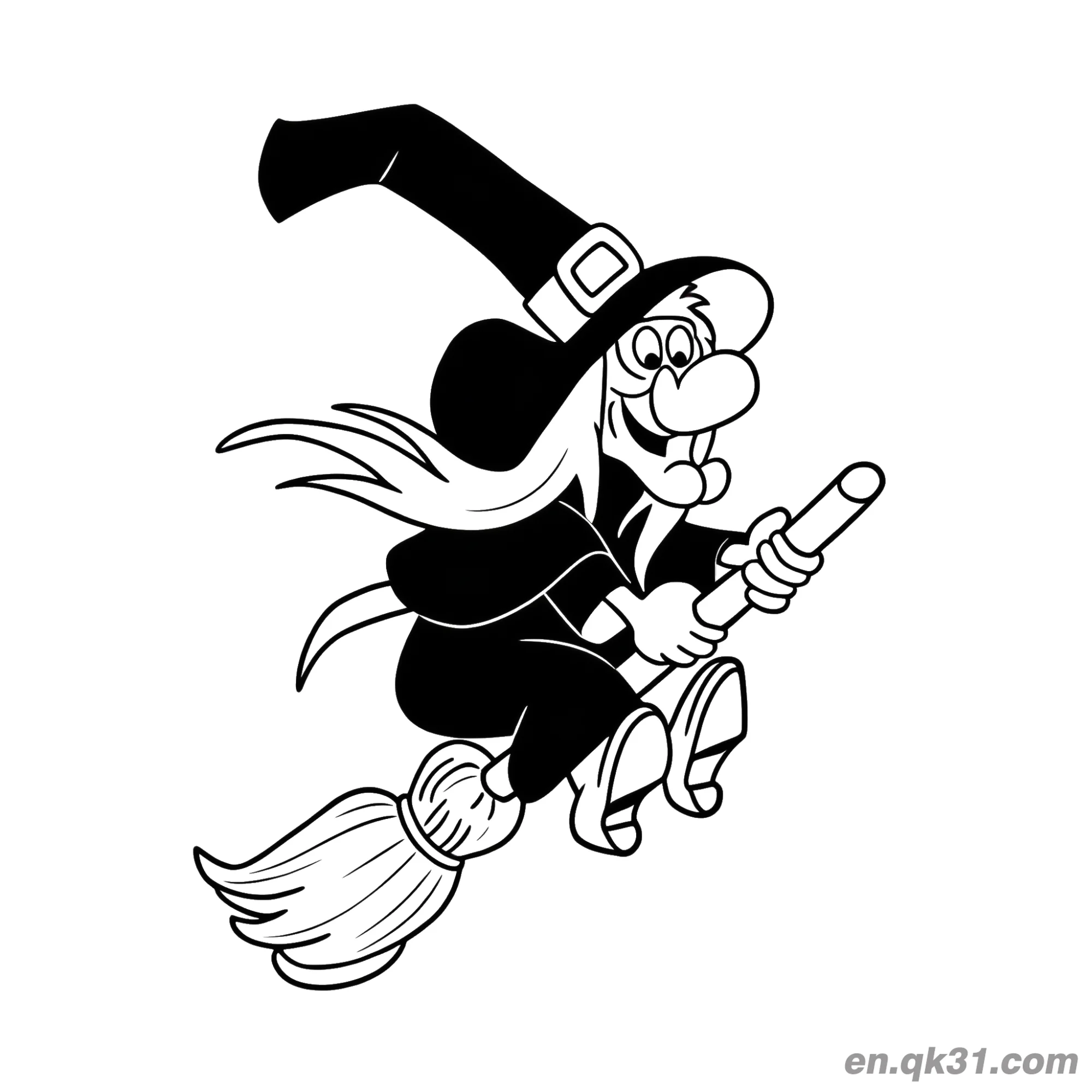 免费 经典卡通飞行女巫涂色页简笔画 简笔画涂色页