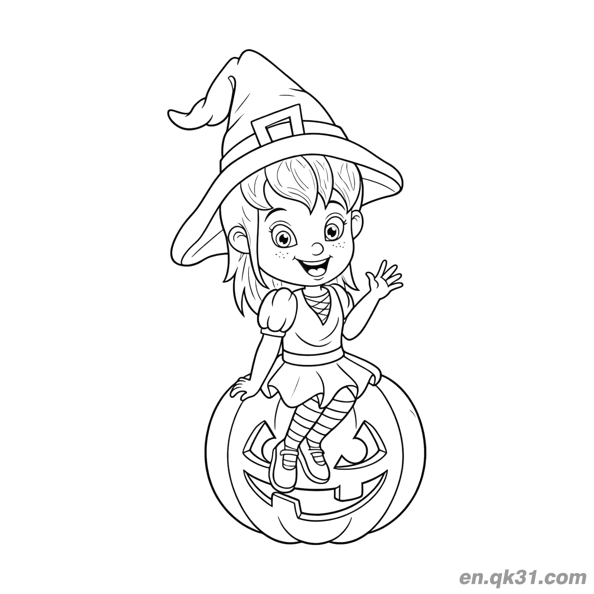 免费 坐在南瓜上的小女巫涂色页简笔画 简笔画涂色页