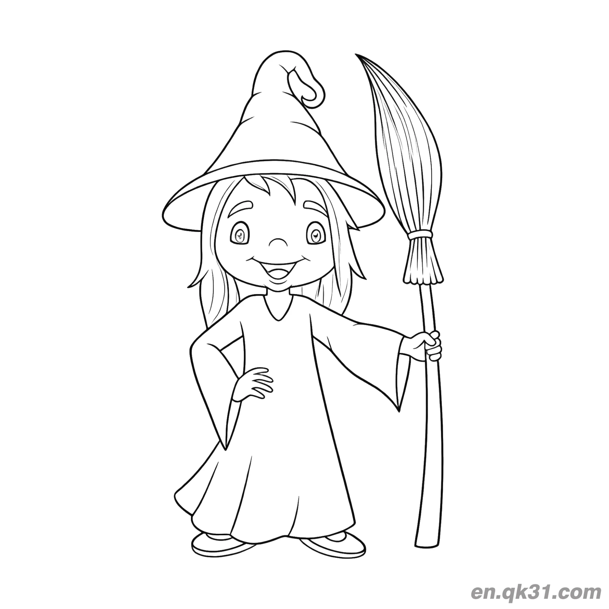 免费 拿扫帚的小女巫涂色页简笔画 简笔画涂色页