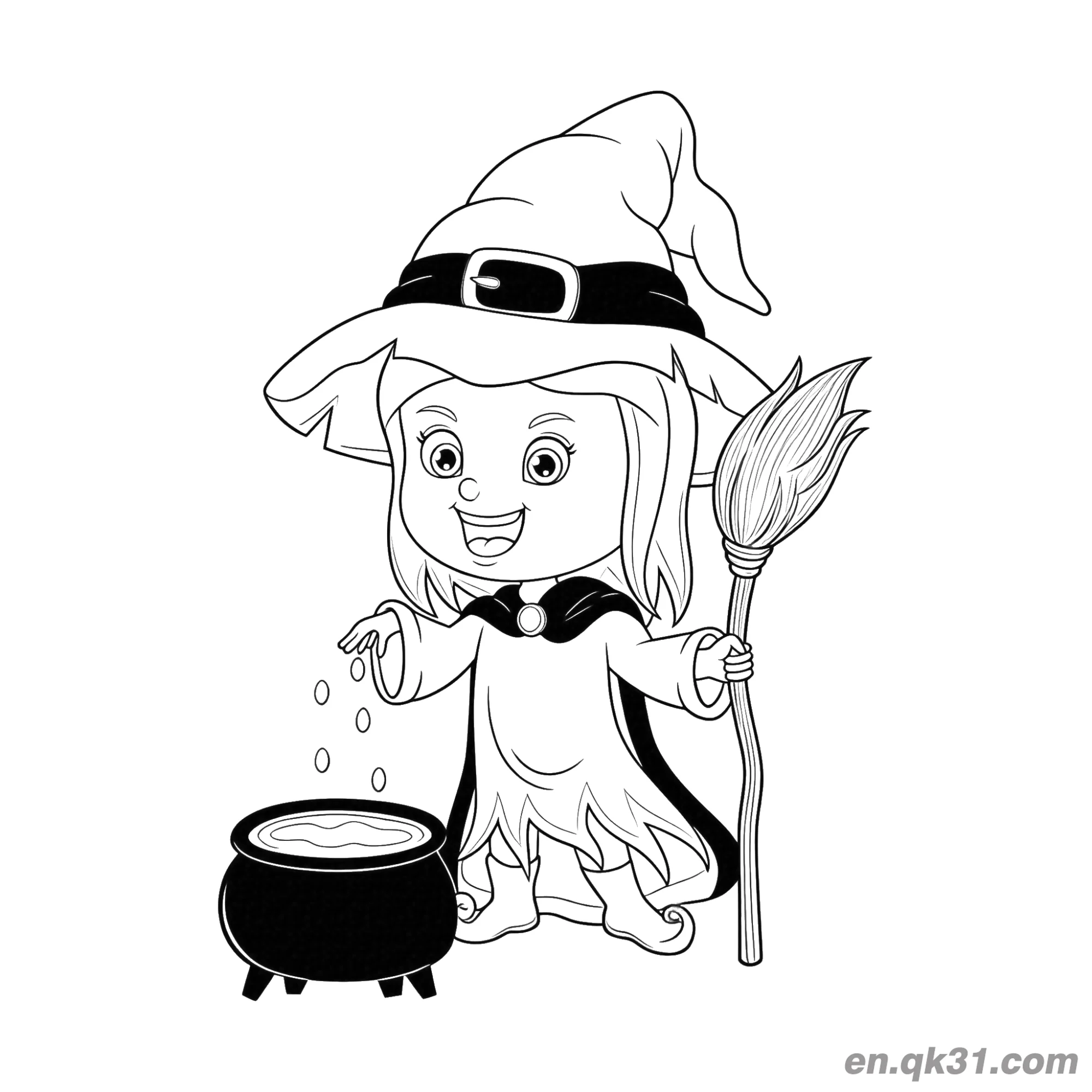 免费 和坩埚在一起的小女巫涂色页简笔画 简笔画涂色页