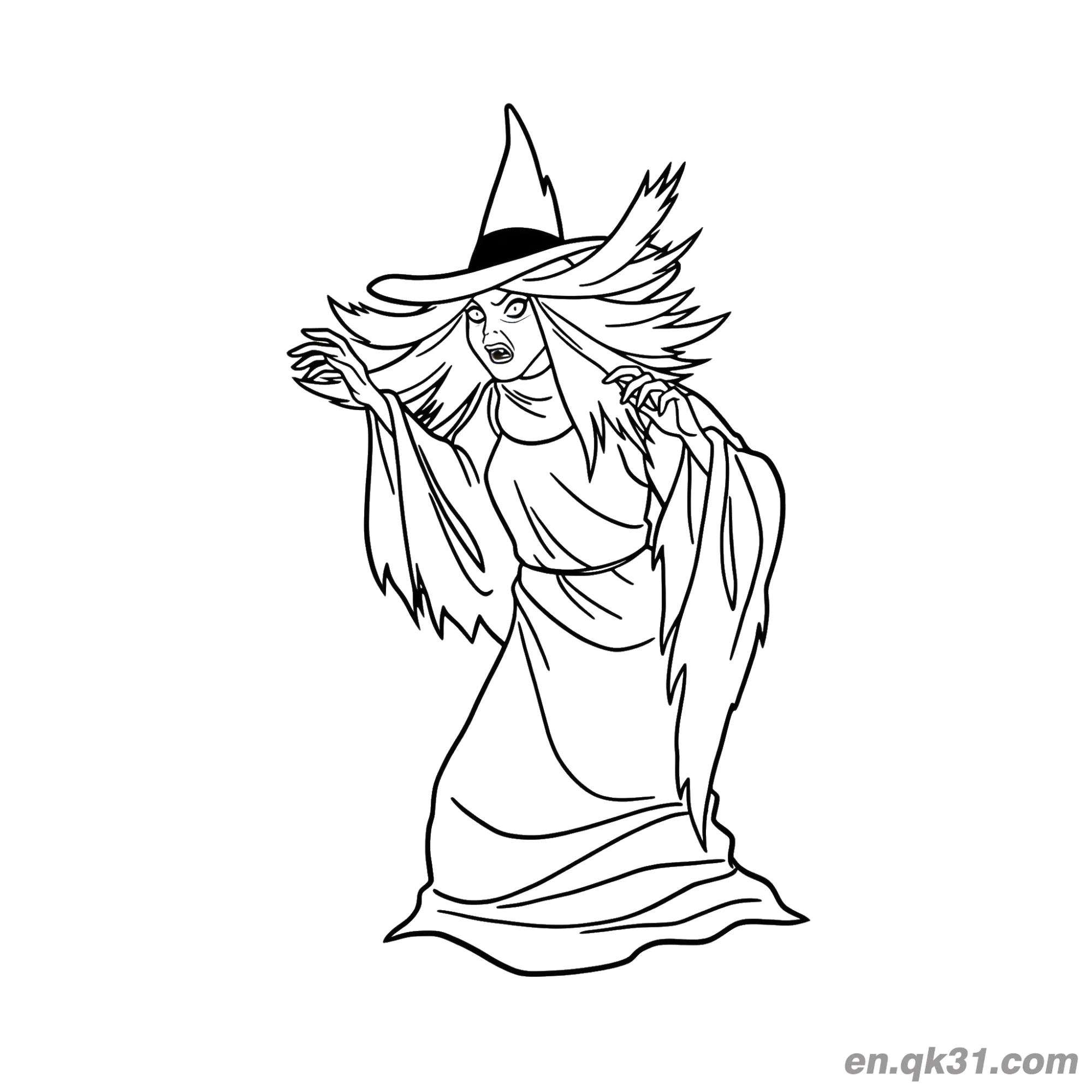 免费 神秘又惊讶的女巫简笔画 简笔画涂色页
