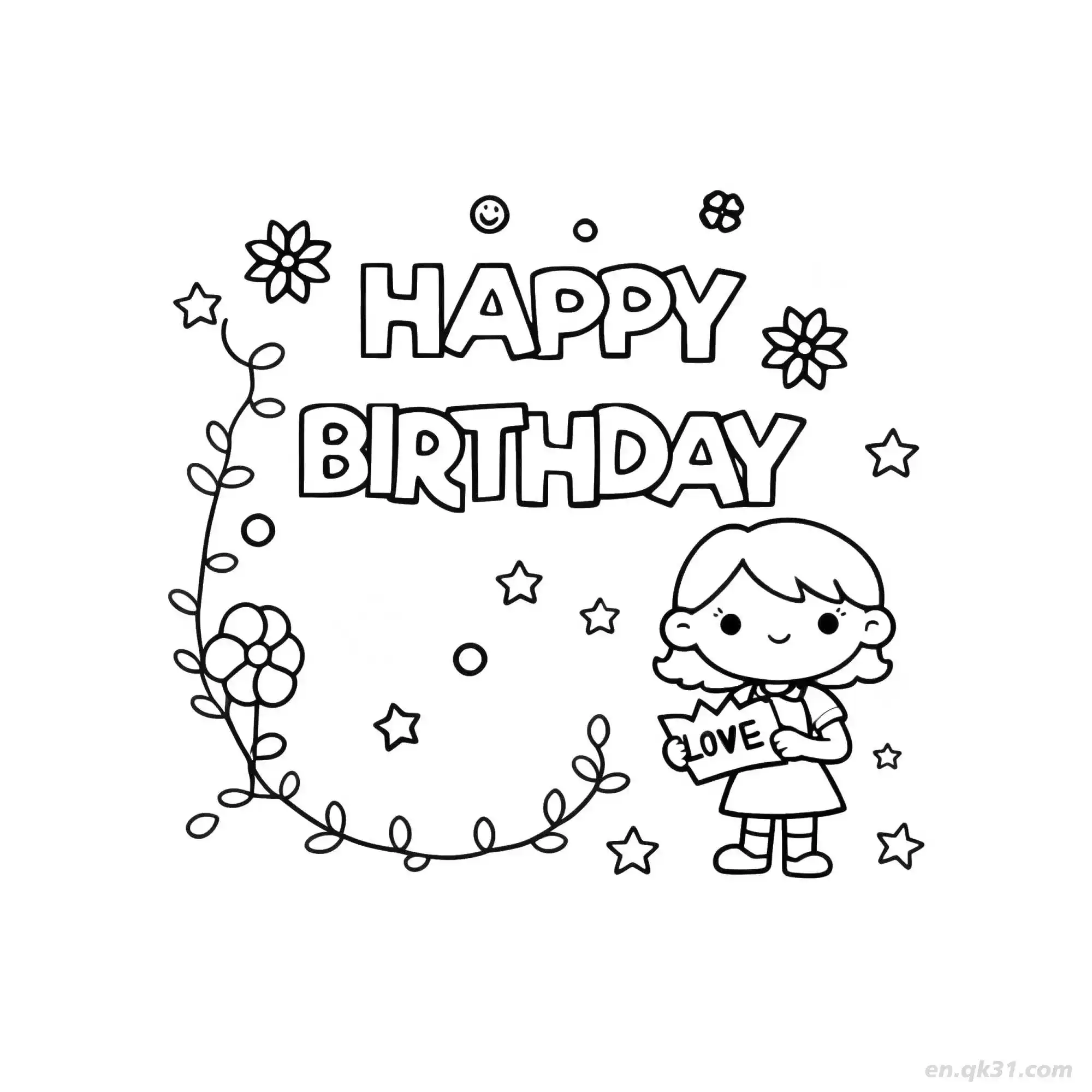 免费 女孩生日快乐 9简笔画 素描 涂鸦 - 免费可打印 生日简笔画 下载PDF 简笔画涂色页