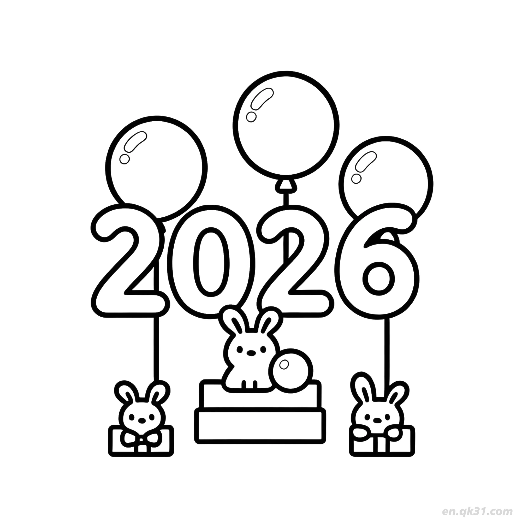 免费 2026兔子气球礼物新年涂色页 简笔画涂色页