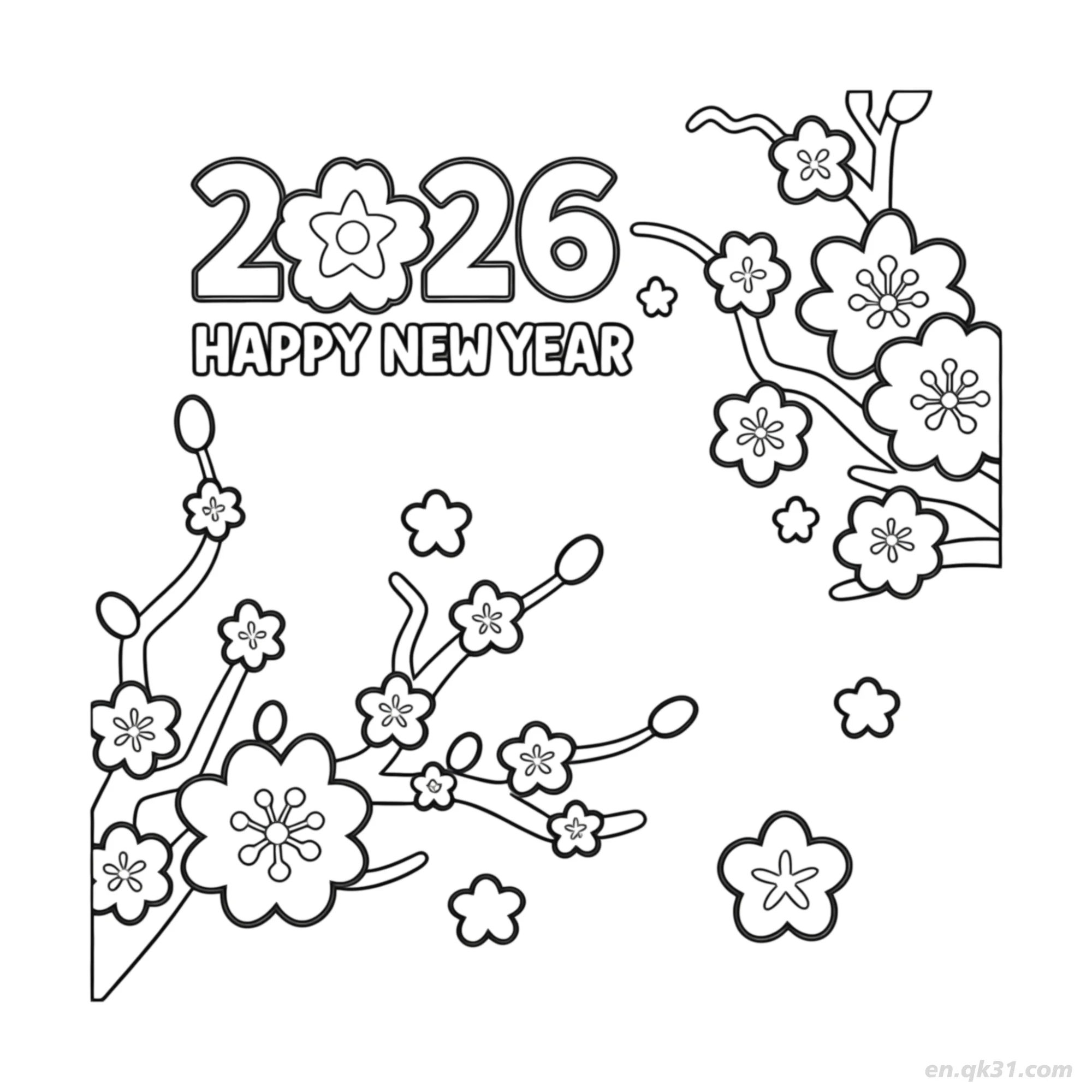 免费 2026樱花边框新年涂色页 简笔画涂色页