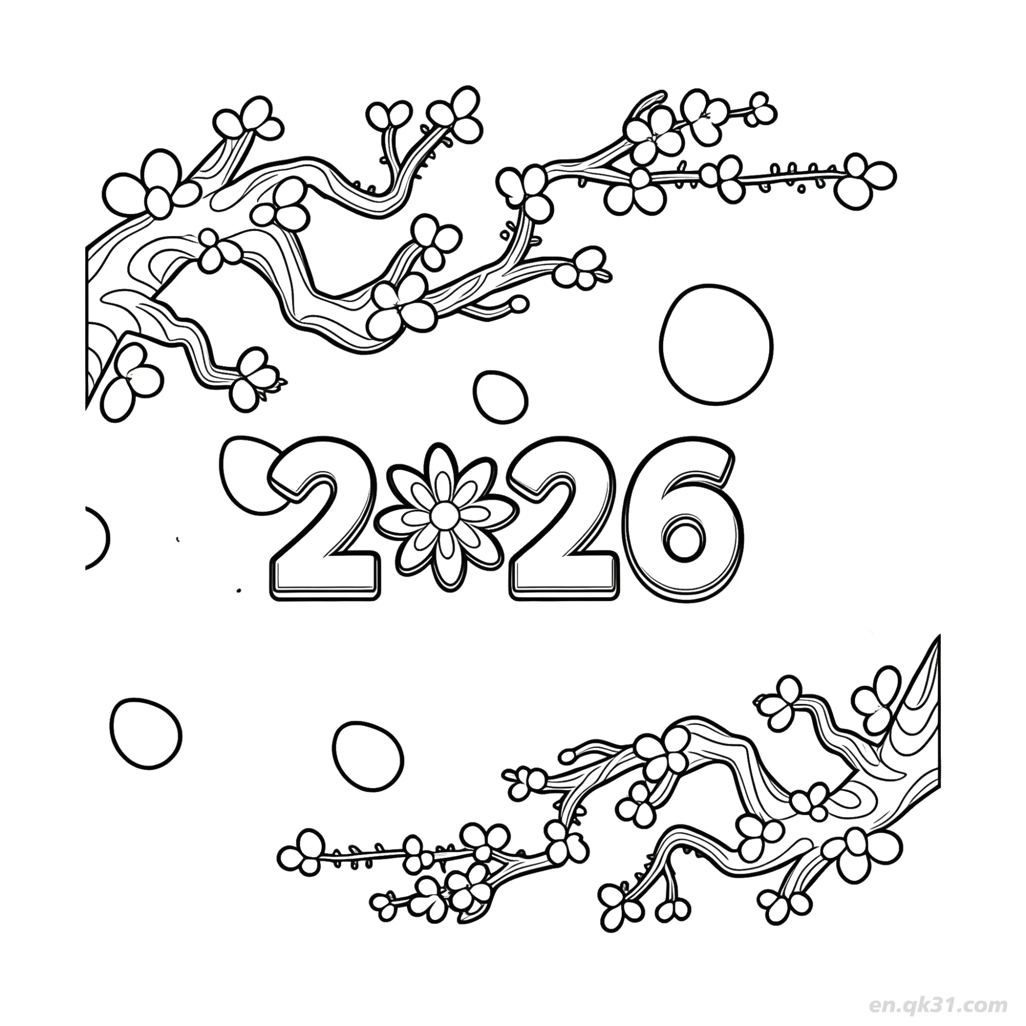 免费 2026樱花边框上下新年涂色 简笔画涂色页