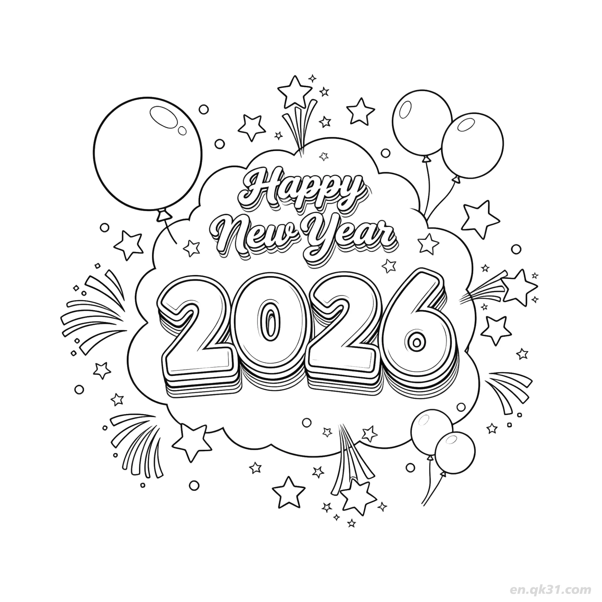 免费 2026云朵气球新年快乐涂色 简笔画涂色页