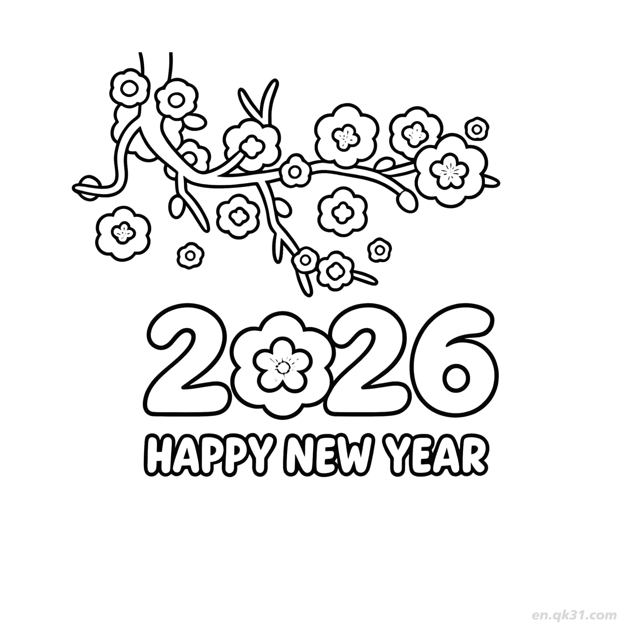 免费 2026梅花新年快乐涂色 简笔画涂色页