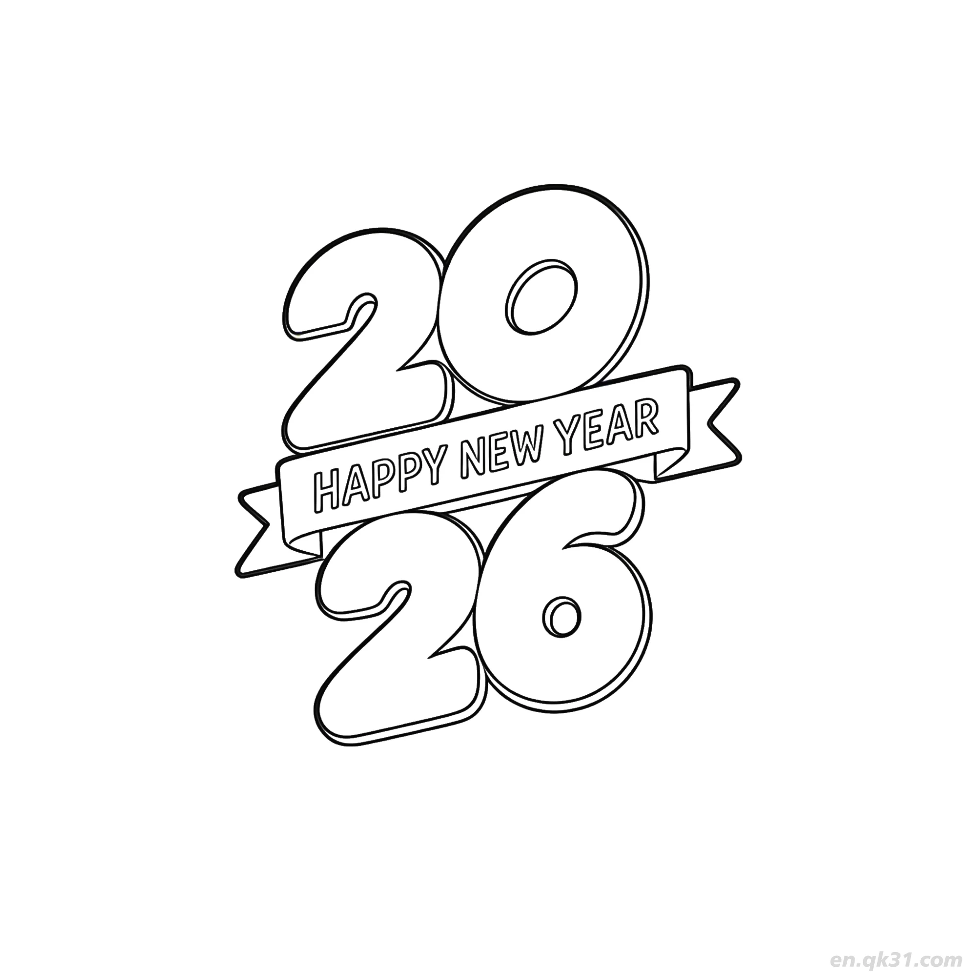 免费 2026丝带新年快乐涂色页 简笔画涂色页