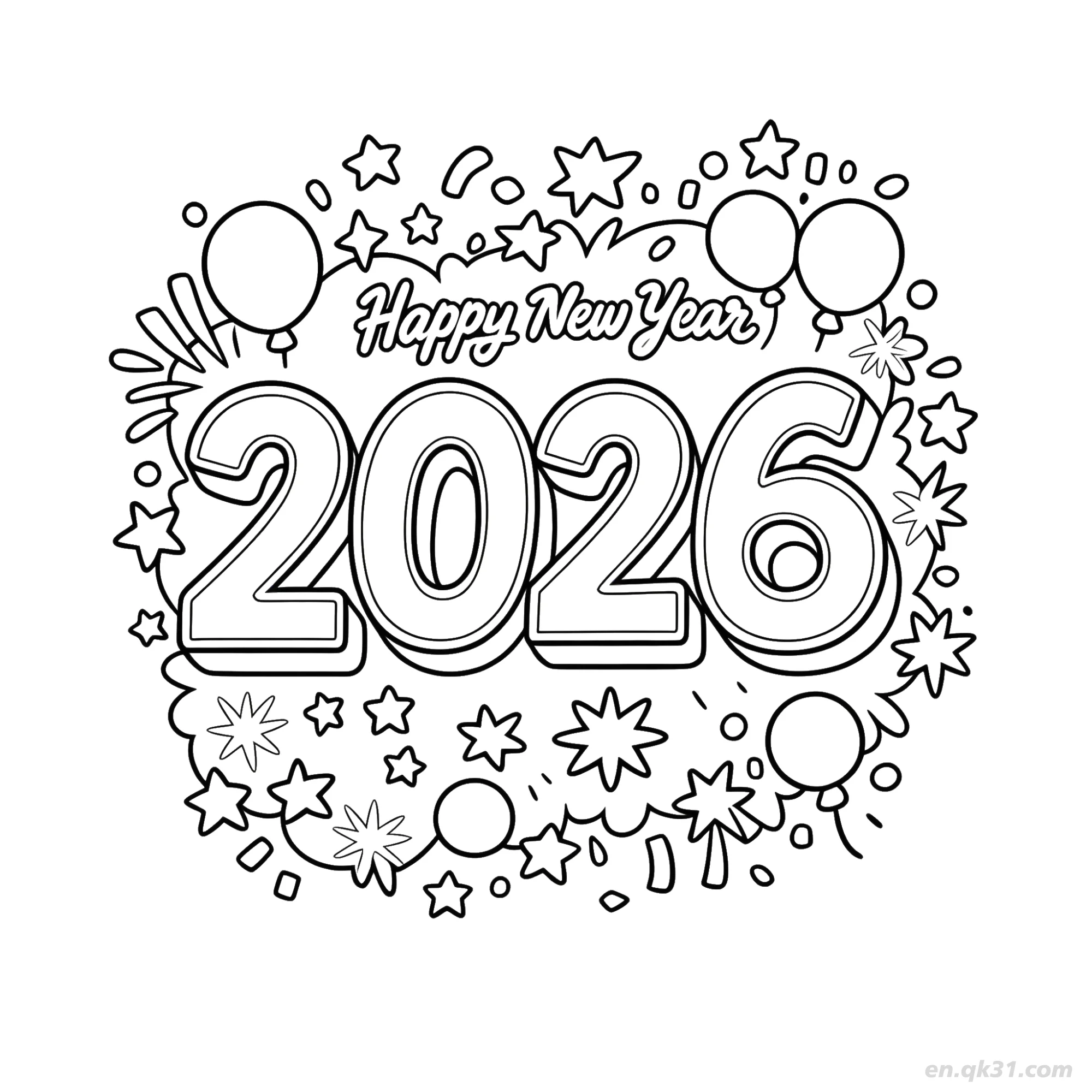 免费 2026星星爆炸新年快乐涂色 简笔画涂色页