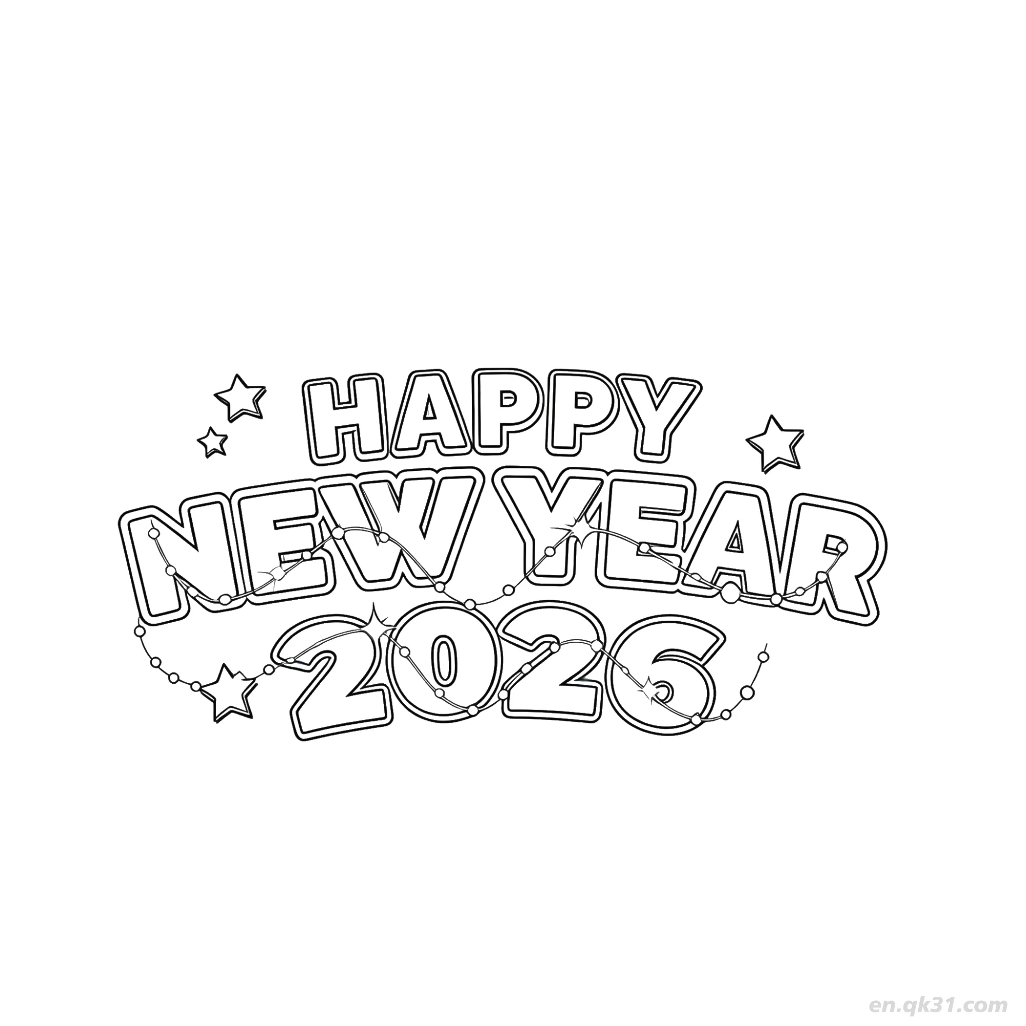 免费 2026串灯新年快乐涂色 简笔画涂色页