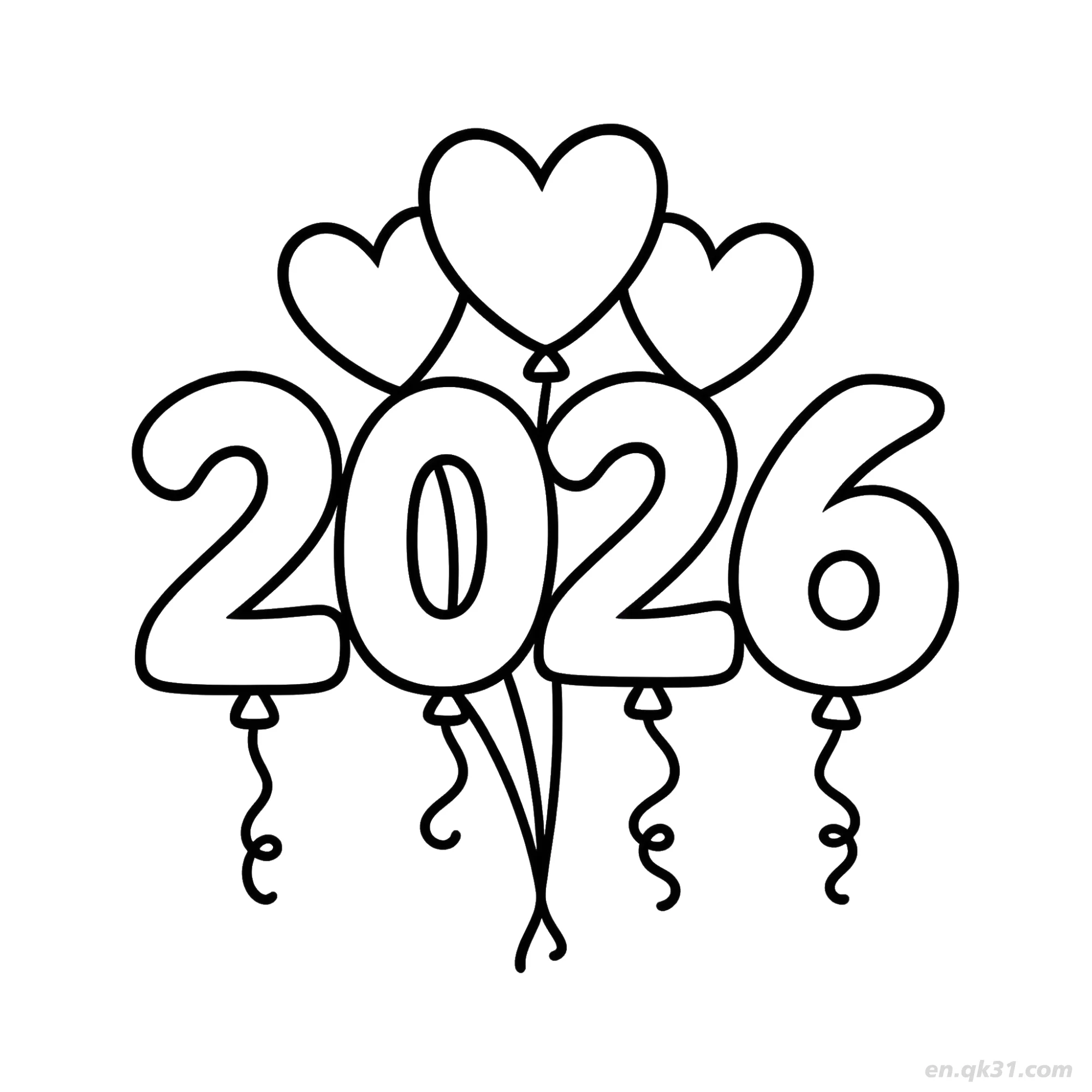 免费 2026心形气球数字涂色页 简笔画涂色页
