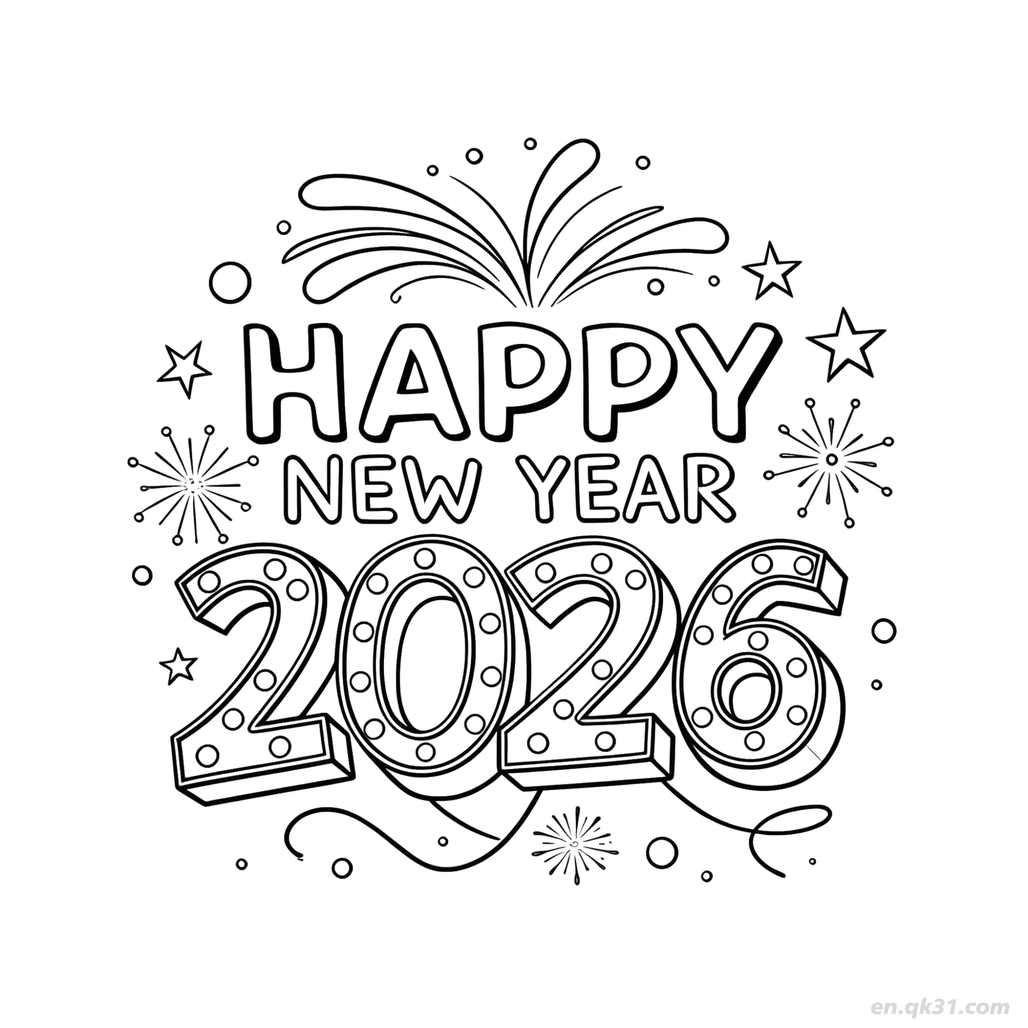 免费 2026跑马灯烟花涂色页 简笔画涂色页