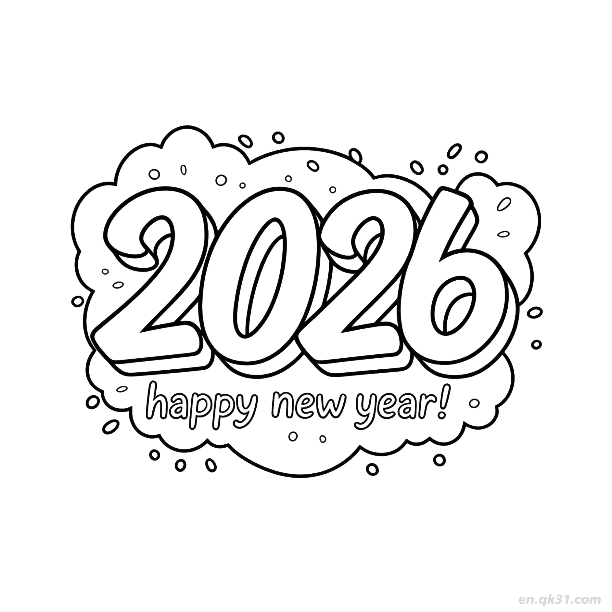免费 2026气泡文字新年涂色页 简笔画涂色页