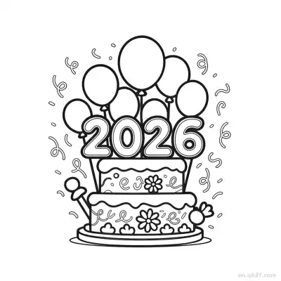 2026蛋糕气球新年涂色页 – 免费可打印简笔画涂色画