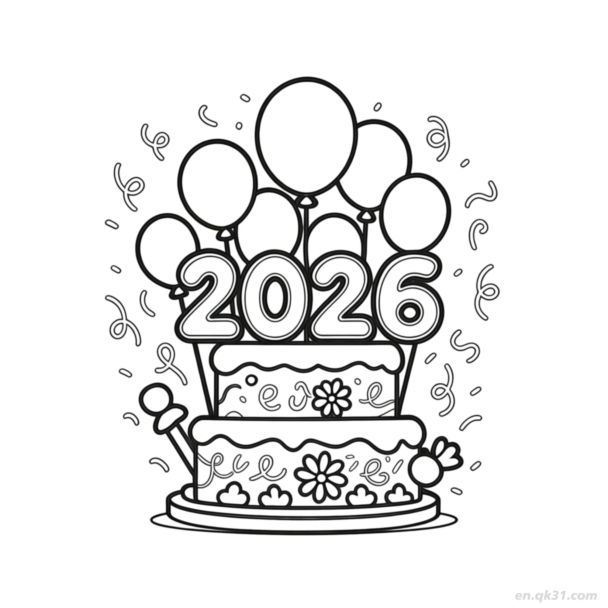 免费 2026蛋糕气球新年涂色页 简笔画涂色页