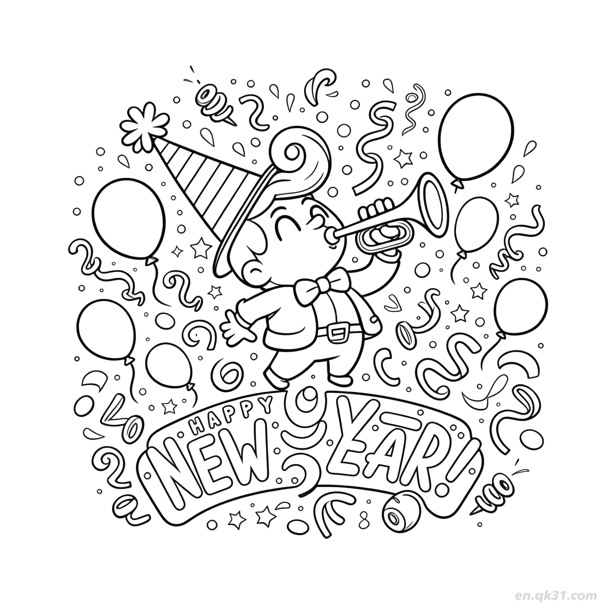 免费 2026小号手派对新年涂色页 简笔画涂色页