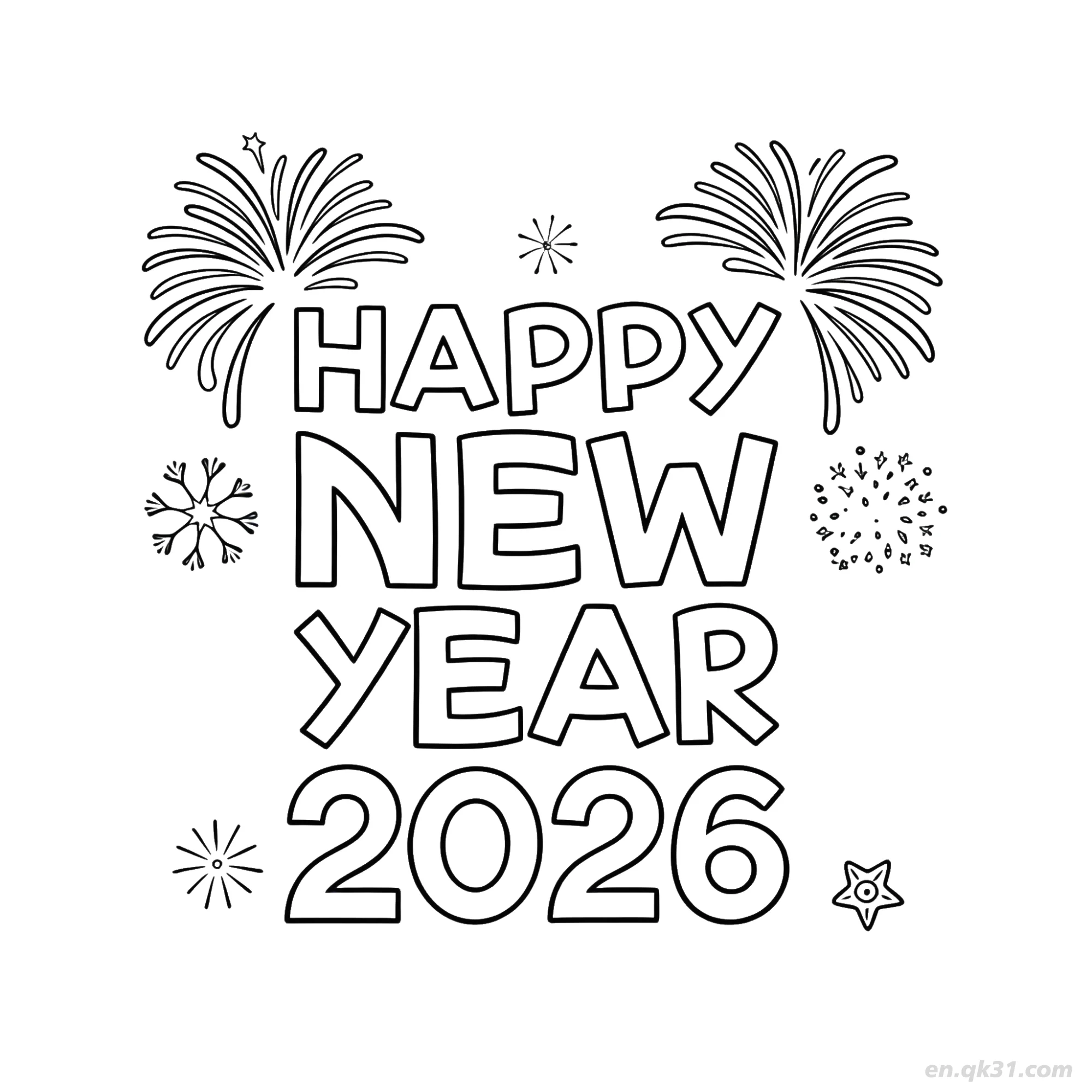免费 2026烟花雪花新年快乐涂色 简笔画涂色页