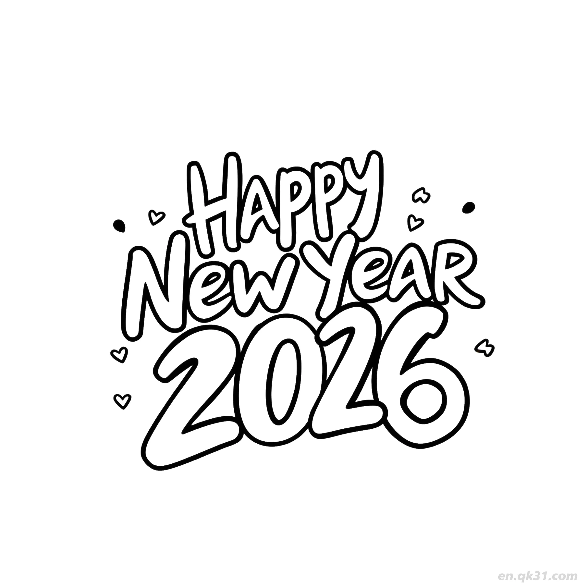 免费 2026心形字体新年快乐涂色 简笔画涂色页