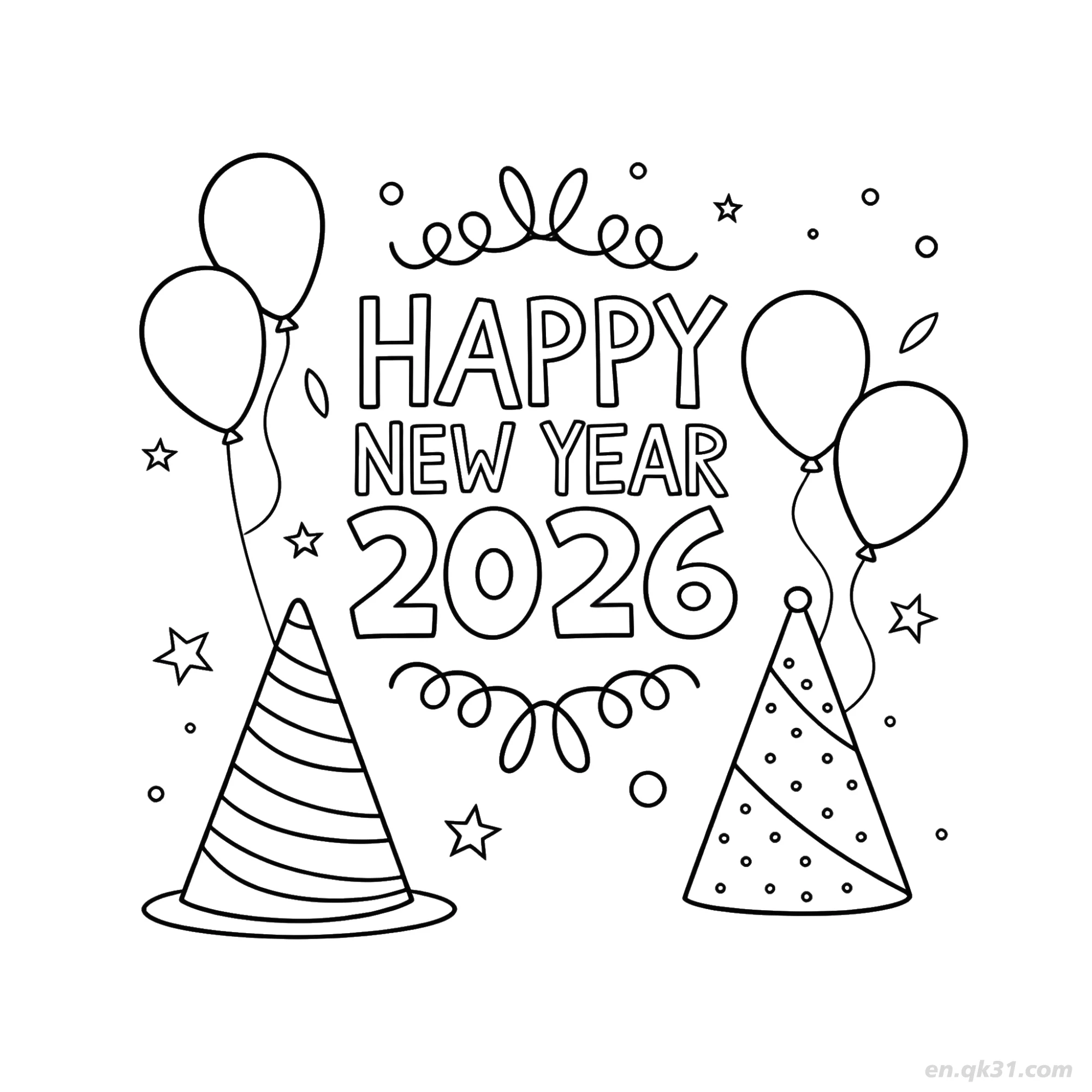 免费 2026派对帽设计1新年快乐涂色 简笔画涂色页
