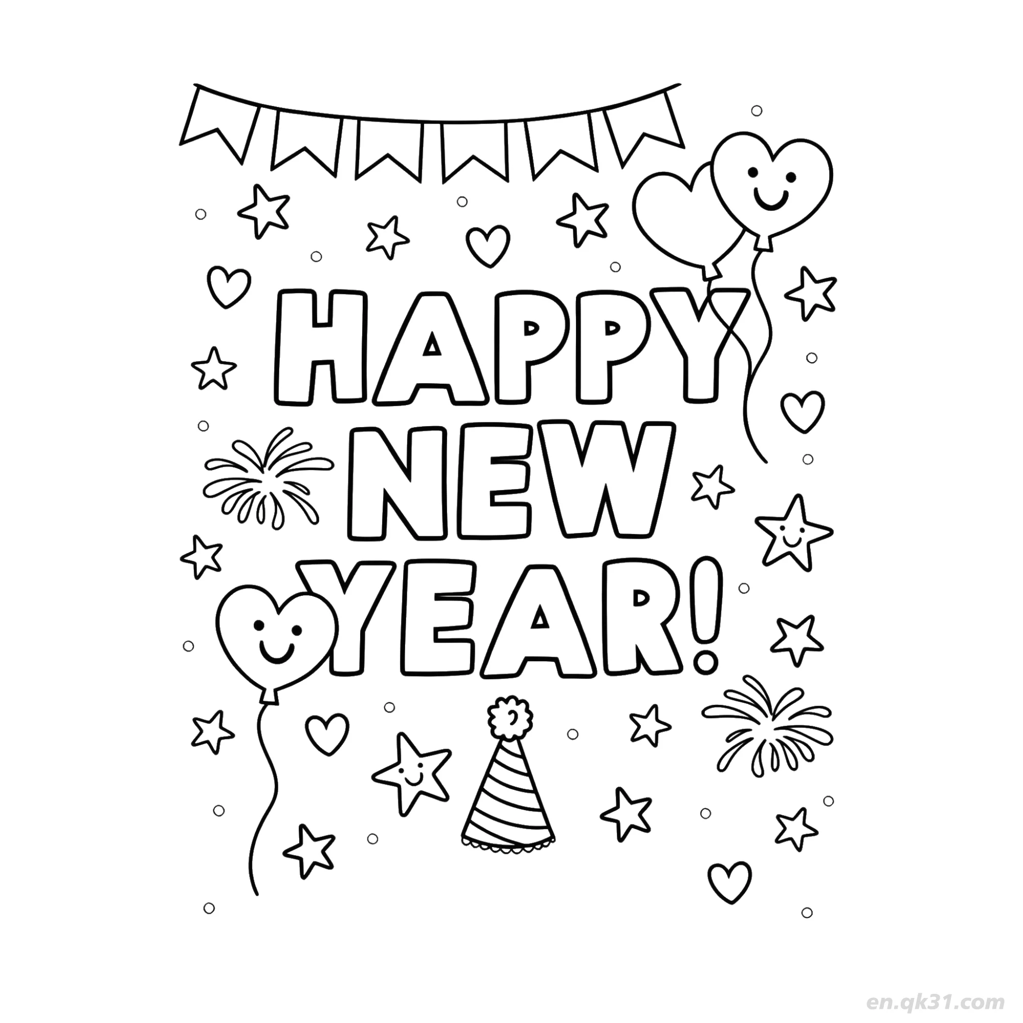 免费 彩旗心形气球新年快乐涂色 简笔画涂色页