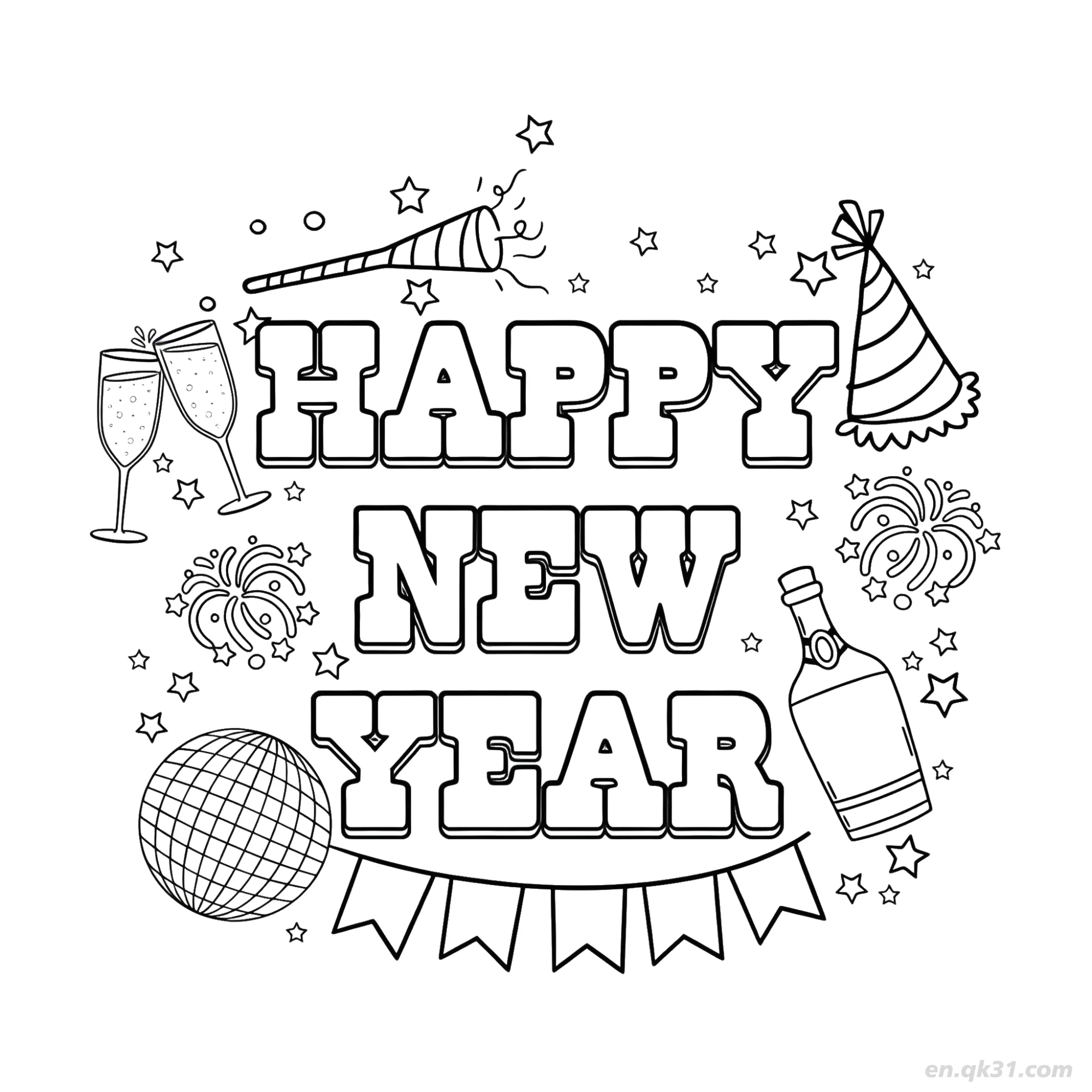 免费 派对庆祝涂鸦新年快乐涂色 简笔画涂色页