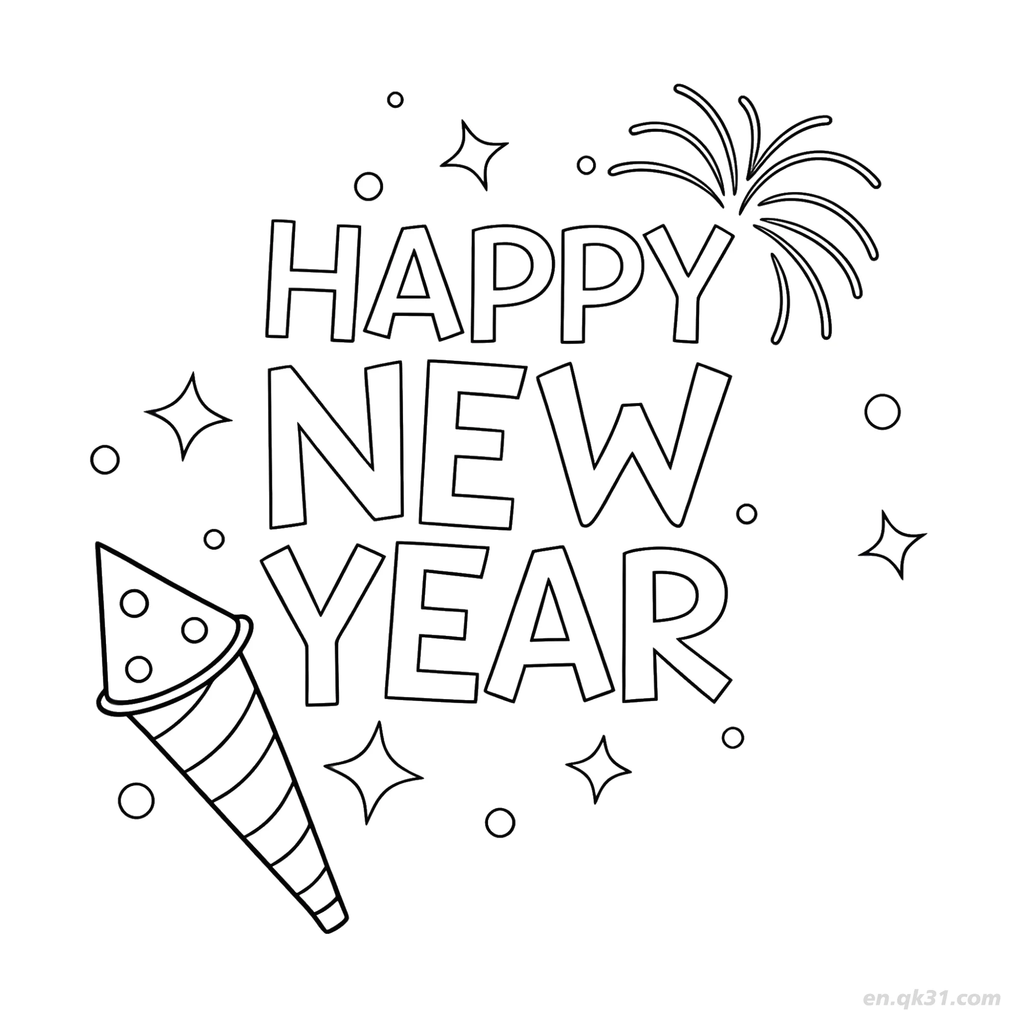 免费 派对帽烟花新年快乐涂色 简笔画涂色页
