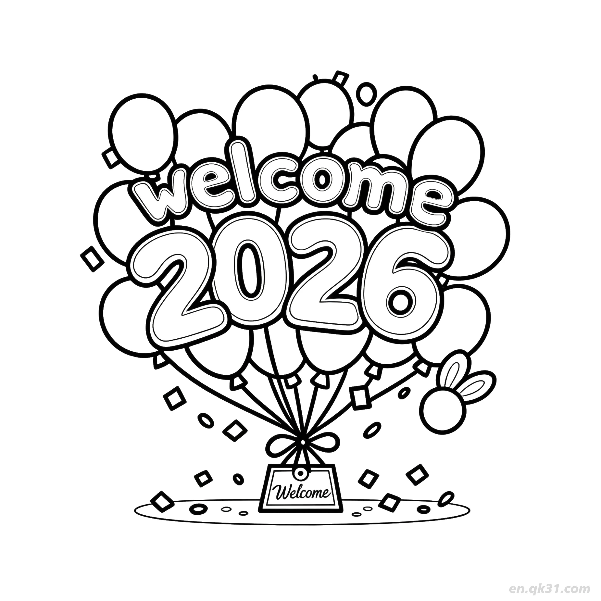 免费 欢迎2026气球簇涂色页 简笔画涂色页