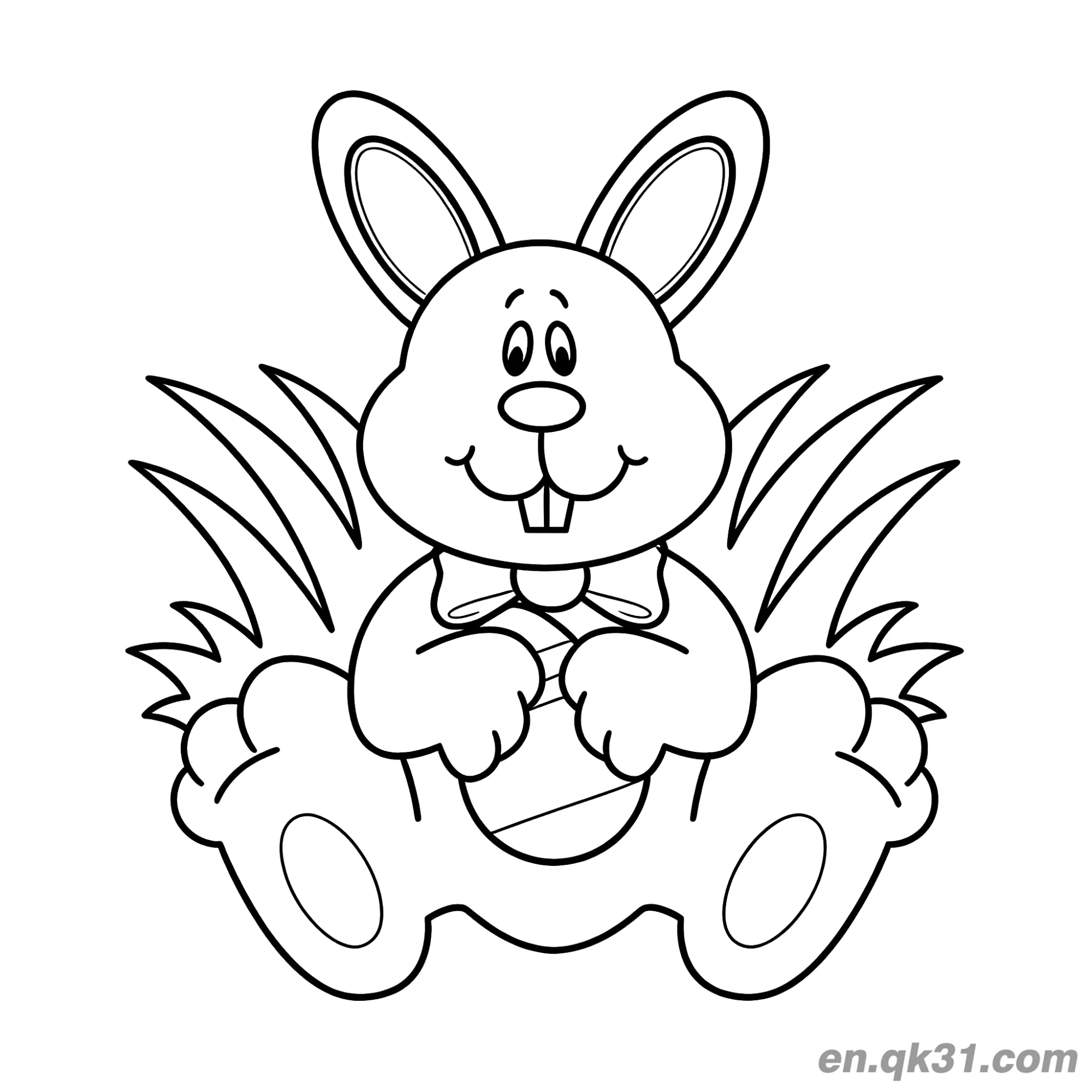 免费 领结兔子在草地上拿着复活节彩蛋涂色页 简笔画涂色页