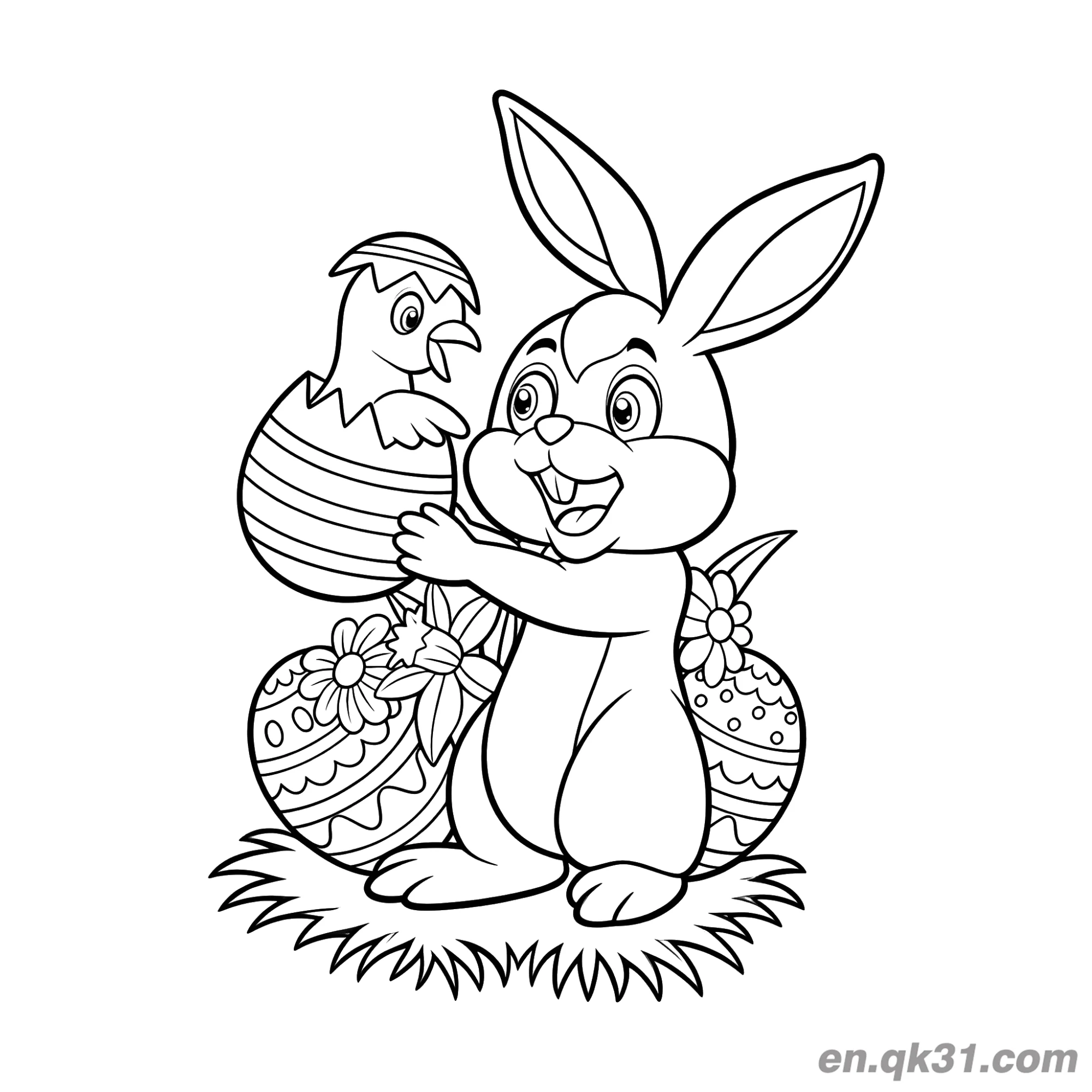 免费 兔子与破壳小鸡和花丛中彩蛋涂色页 简笔画涂色页
