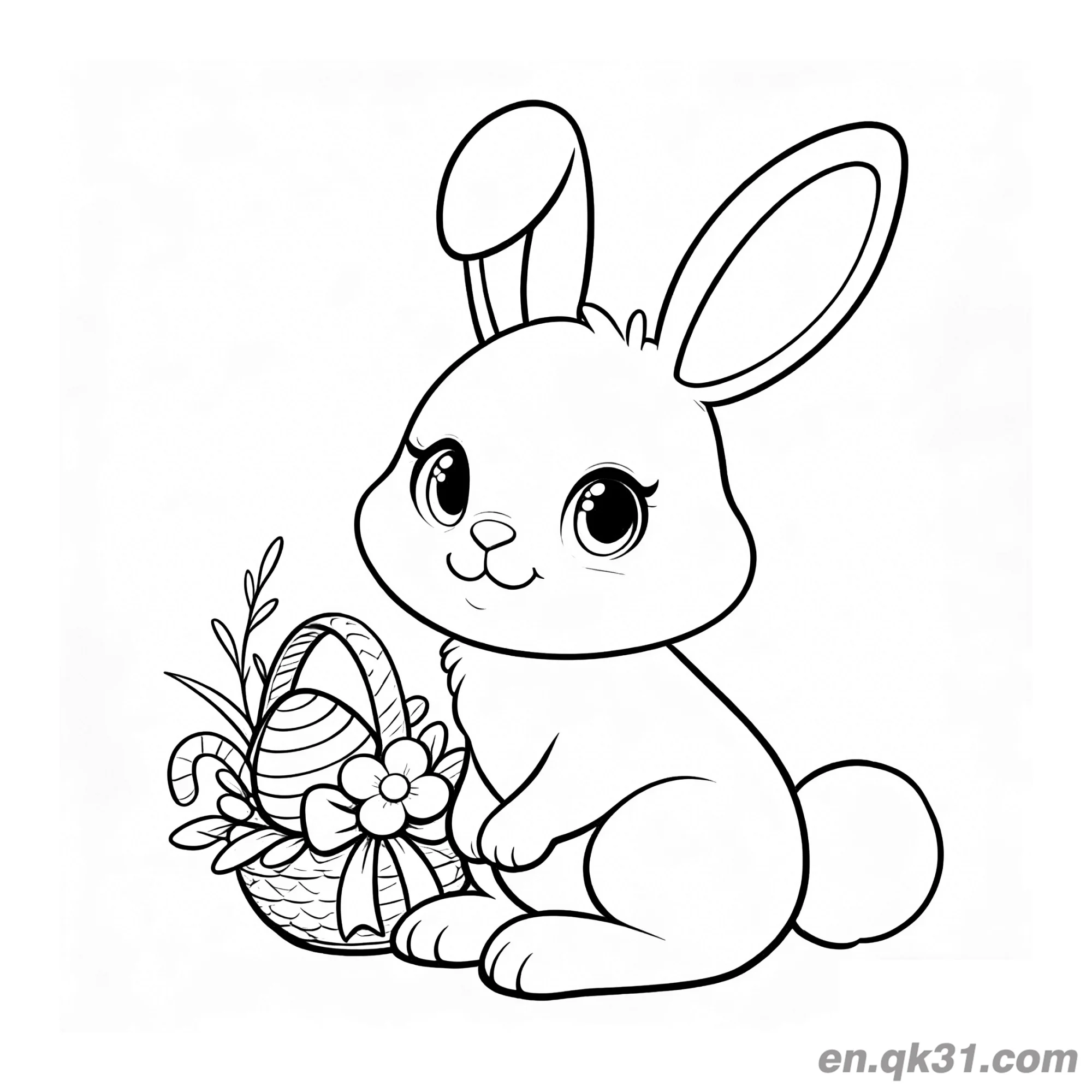 免费 可爱兔子与复活节彩蛋篮和糖果涂色页 简笔画涂色页