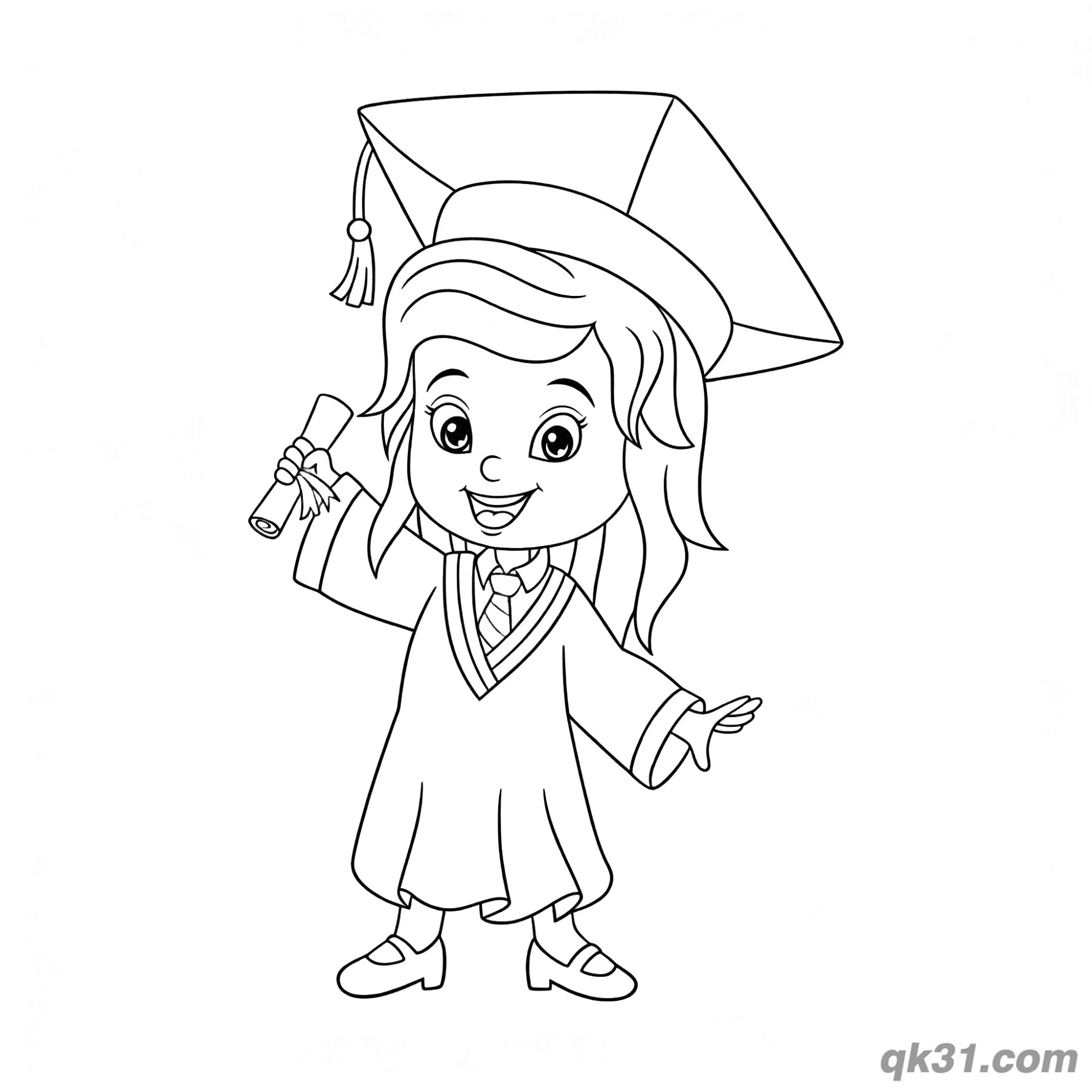 免费 卷发毕业女孩挥手拿证书简笔画涂色页 简笔画涂色页