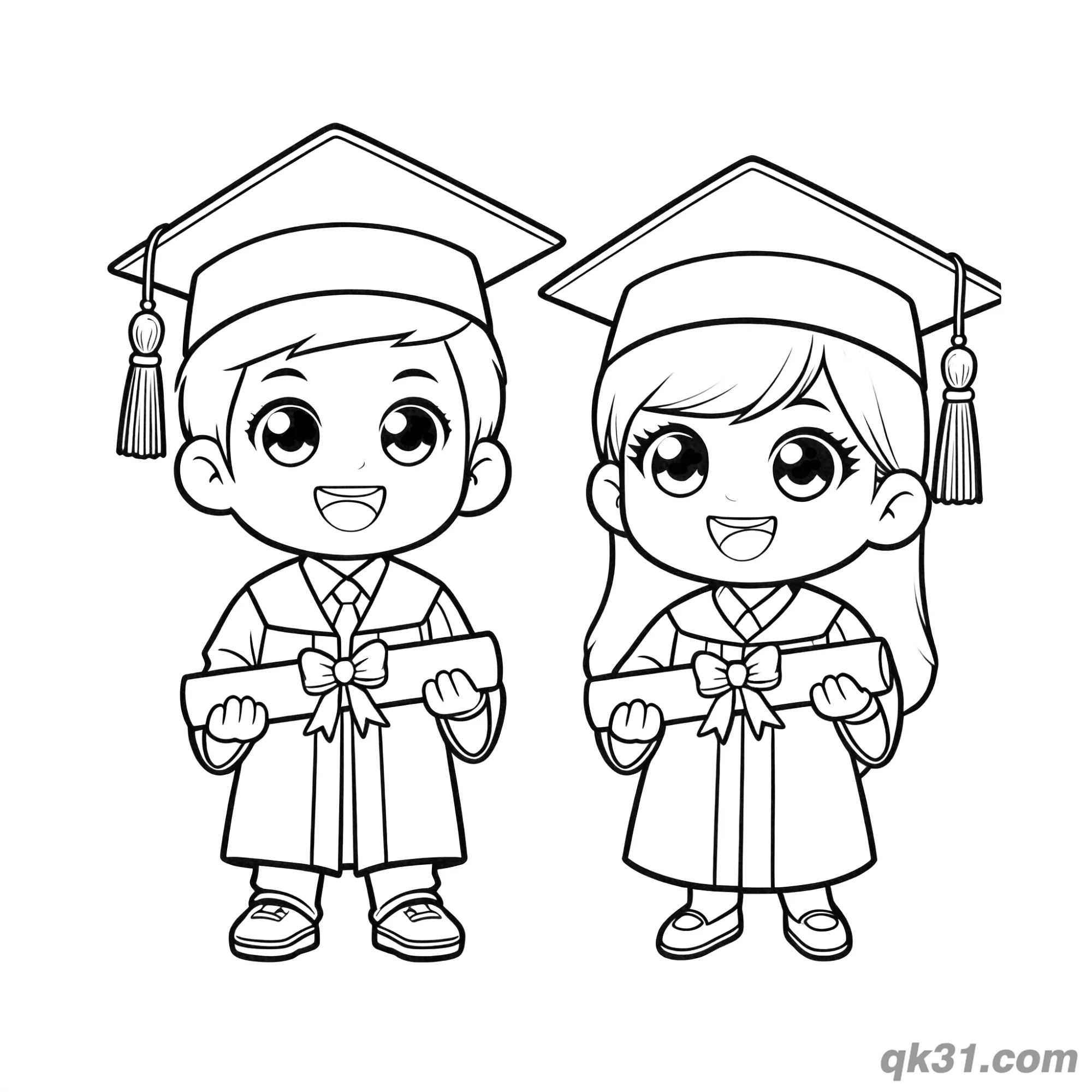 免费 可爱Q版毕业男孩女孩拿证书简笔画涂色页 简笔画涂色页