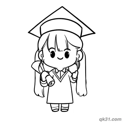 可爱双马尾Q版毕业女孩拿证书简笔画涂色页 – 免费可打印简笔画涂色画