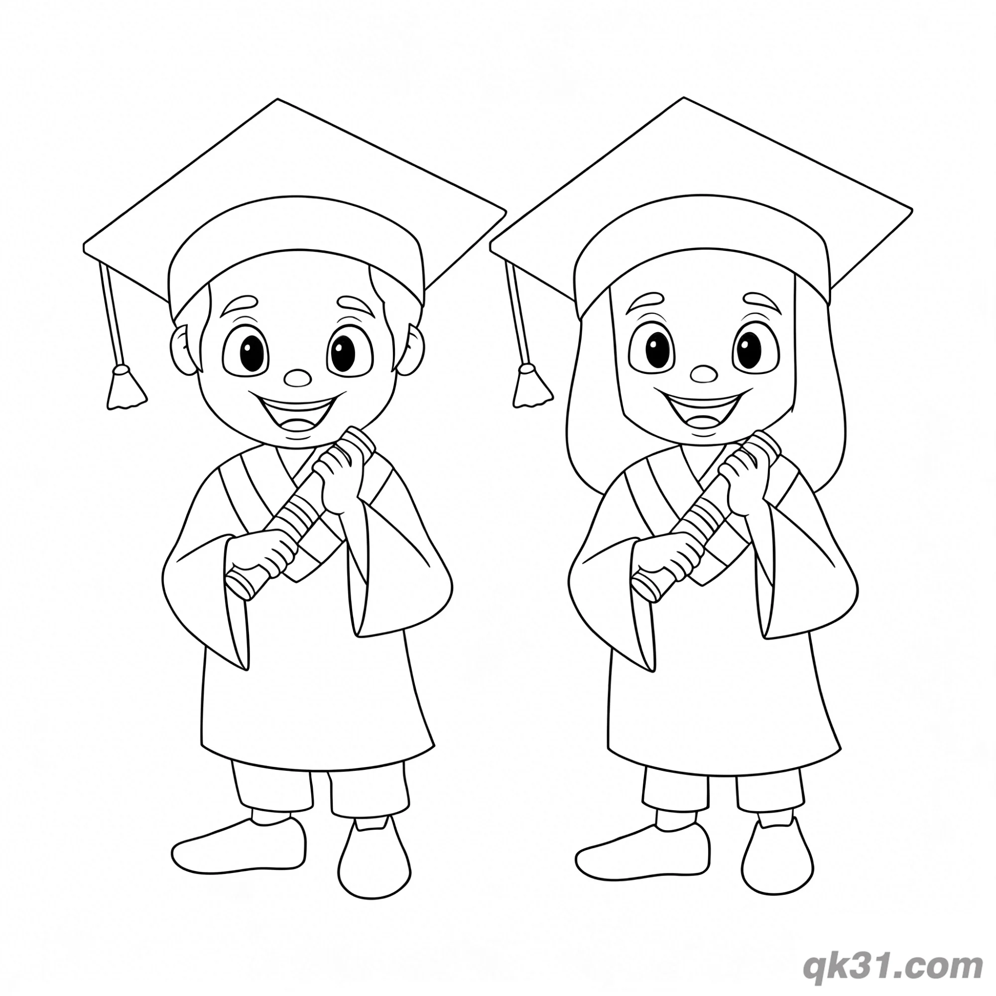 免费 毕业男孩女孩一起拿证书简笔画涂色页 简笔画涂色页