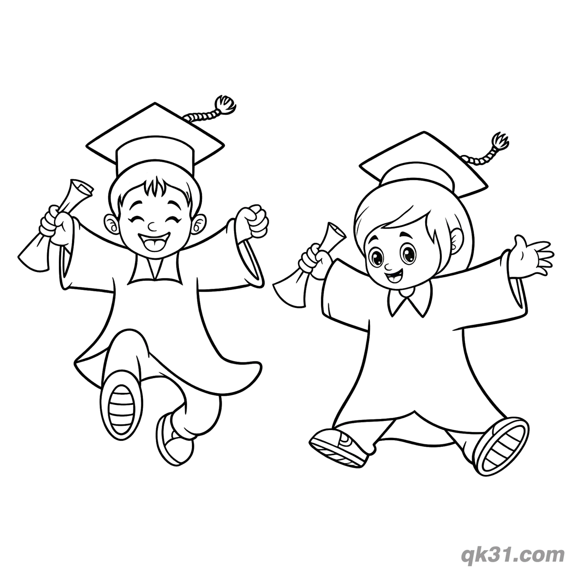 免费 毕业男孩女孩一起跳跃庆祝简笔画涂色页 简笔画涂色页