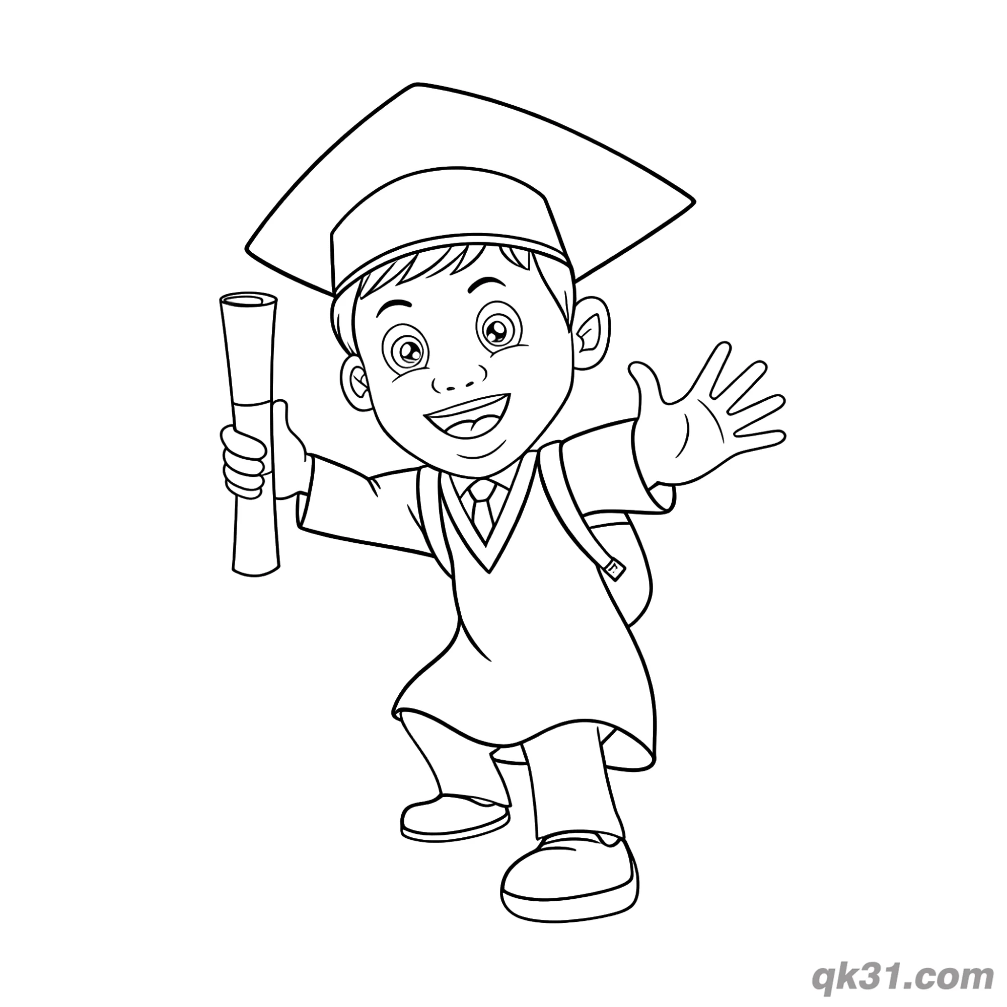 免费 背书包毕业男孩挥手拿证书简笔画涂色页 简笔画涂色页