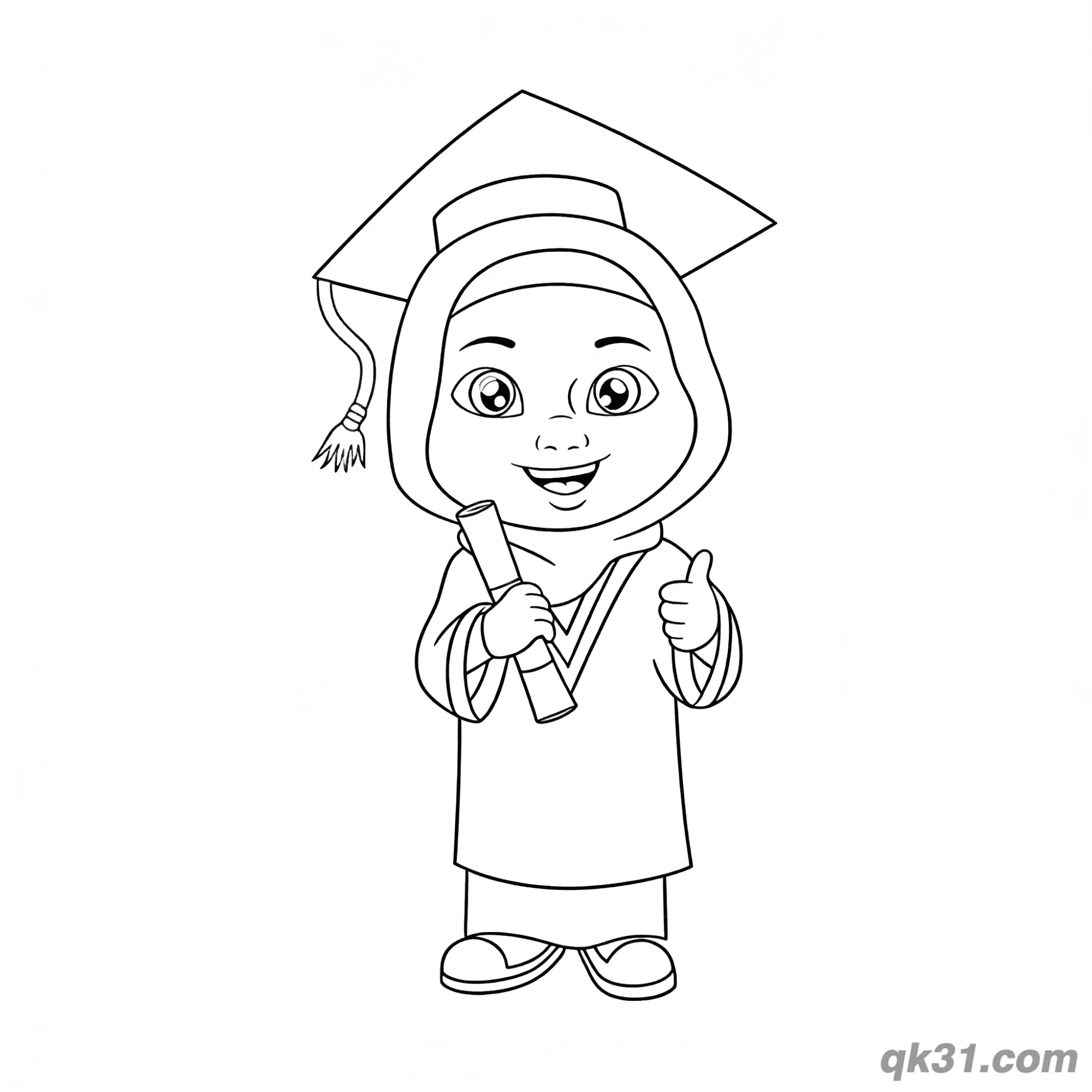 免费 戴头巾毕业女孩点赞简笔画涂色页 简笔画涂色页