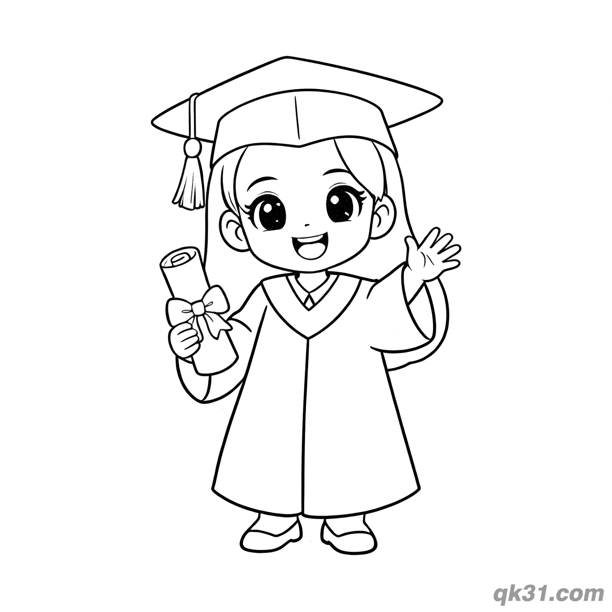 免费 长发毕业女孩拿证书挥手简笔画涂色页 简笔画涂色页